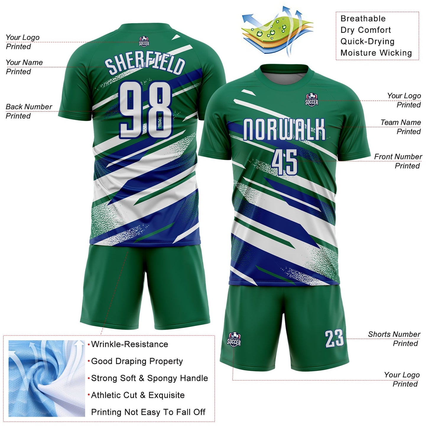 Custom Kelly Green White-Royal Grunge Stripe And Grainy Sports Sublimation Soccer Uniform Jersey view 4