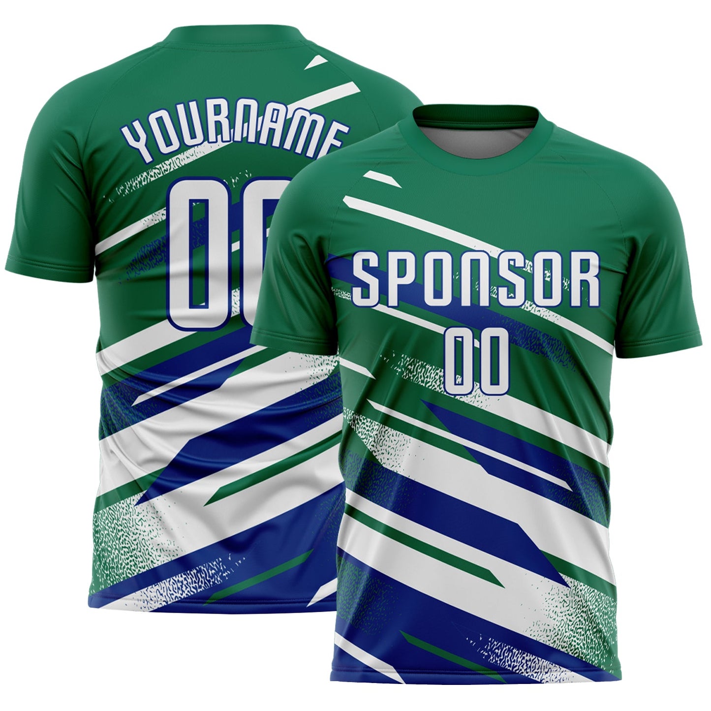 Custom Kelly Green White-Royal Grunge Stripe And Grainy Sports Sublimation Soccer Uniform Jersey - Main View