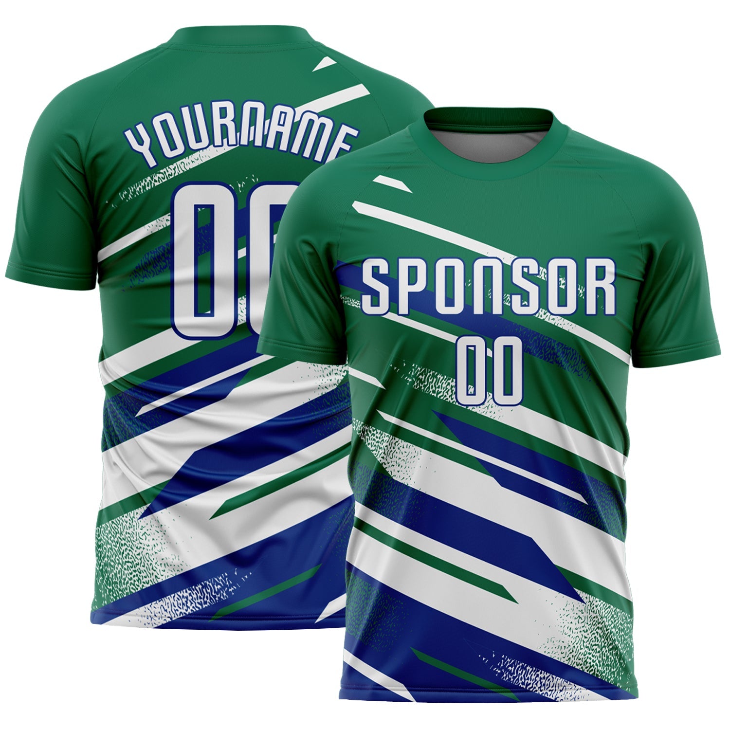 Custom Kelly Green White-Royal Grunge Stripe And Grainy Sports Sublimation Soccer Uniform Jersey - Main View