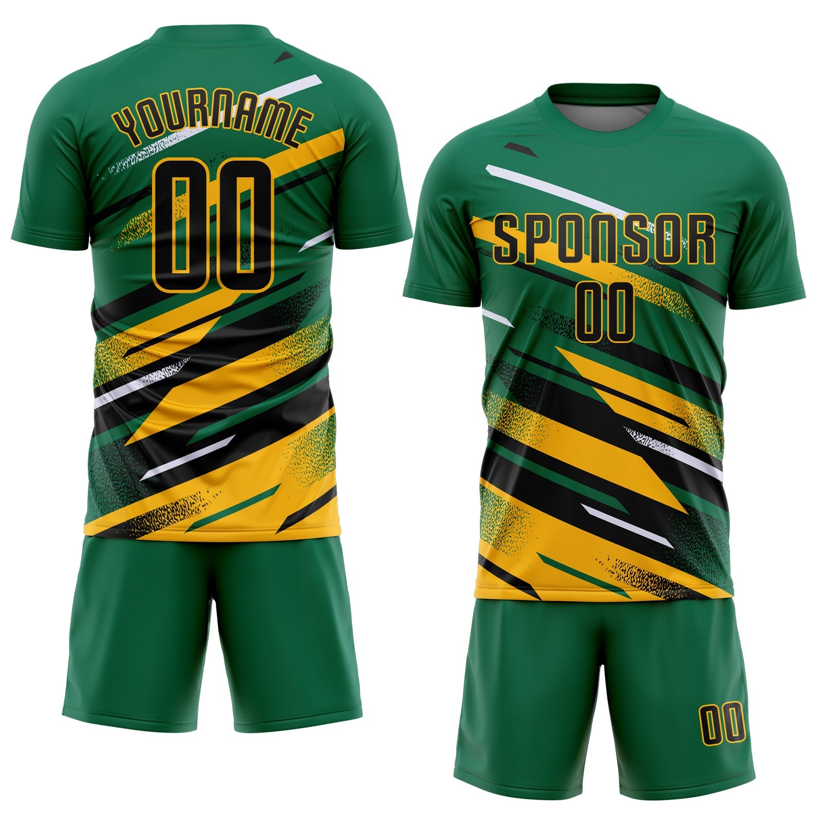 Custom Kelly Green Black Gold-White Grunge Stripe And Grainy Sports Sublimation Soccer Uniform Jersey view 2