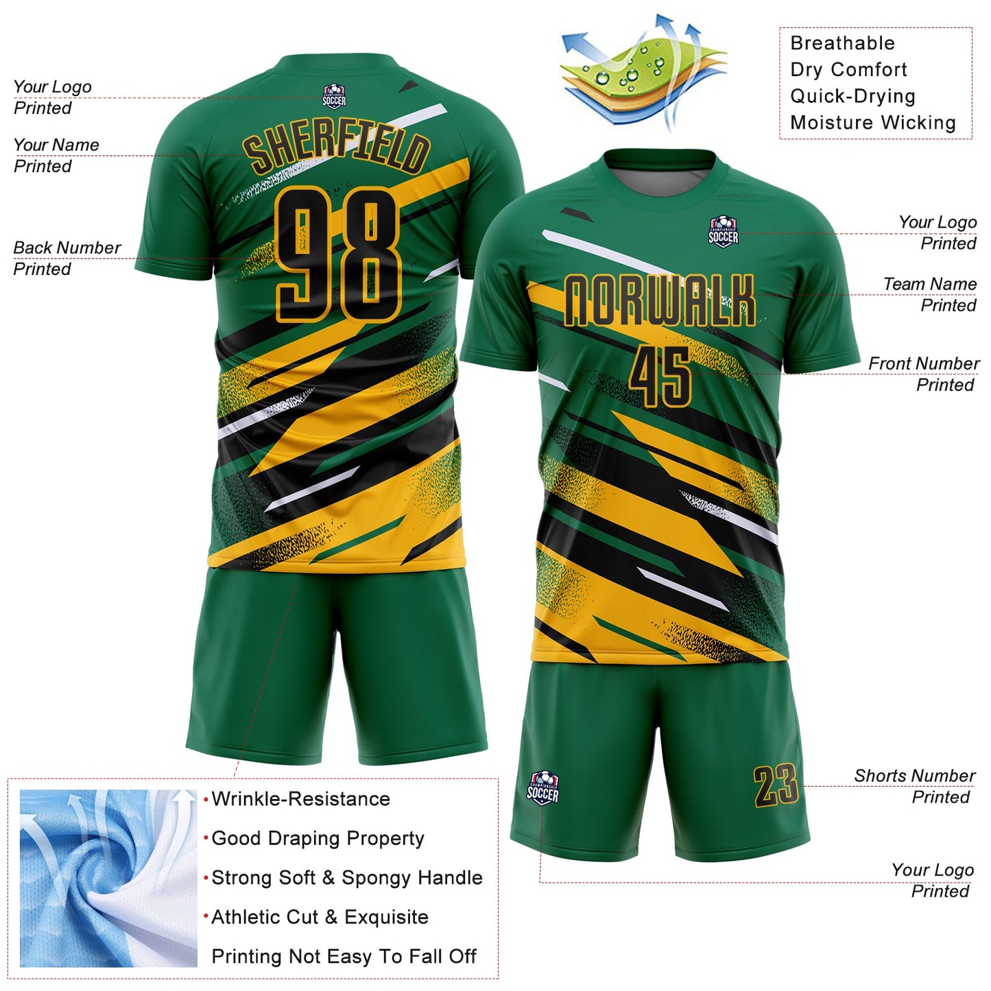 Custom Kelly Green Black Gold-White Grunge Stripe And Grainy Sports Sublimation Soccer Uniform Jersey view 4