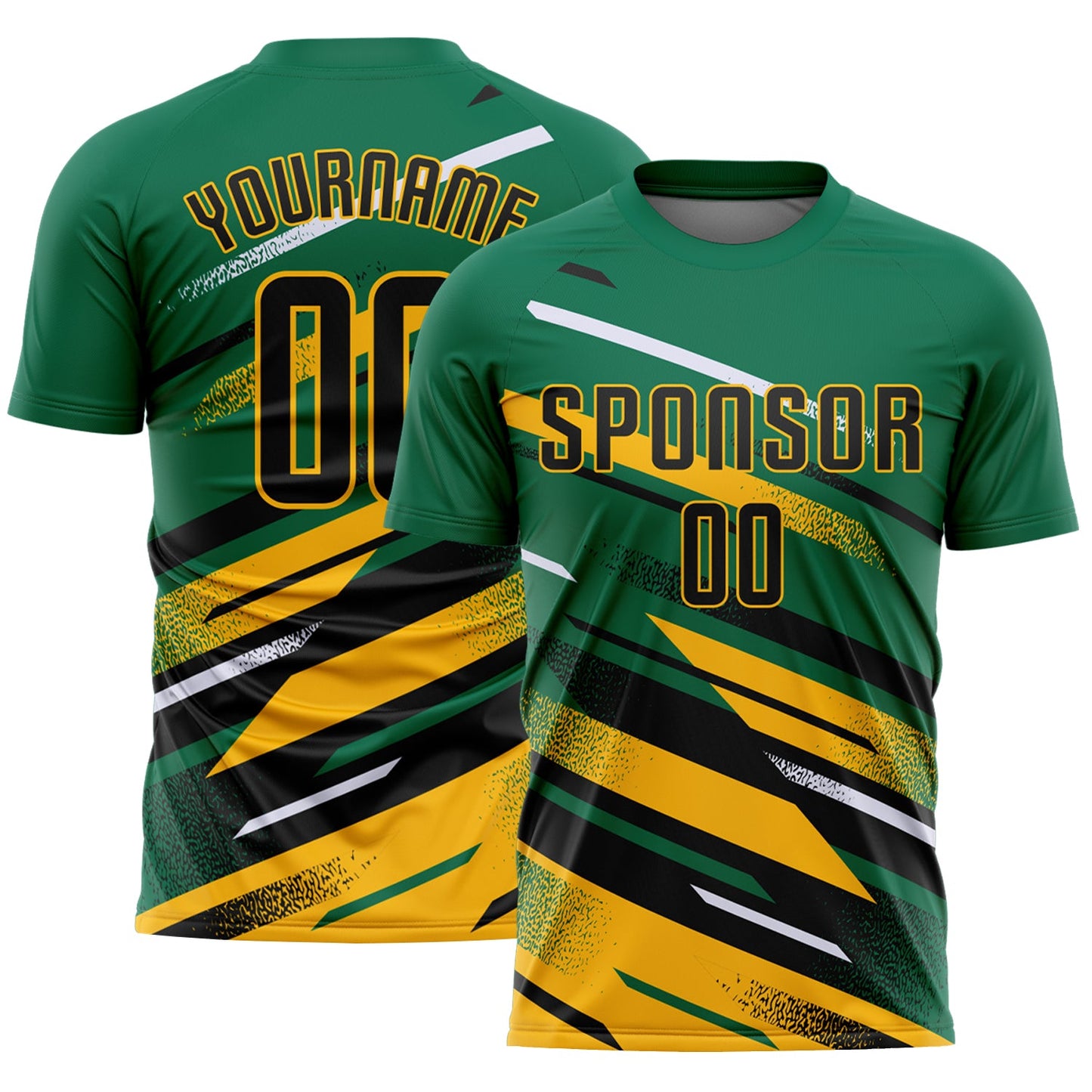 Custom Kelly Green Black Gold-White Grunge Stripe And Grainy Sports Sublimation Soccer Uniform Jersey - Main View
