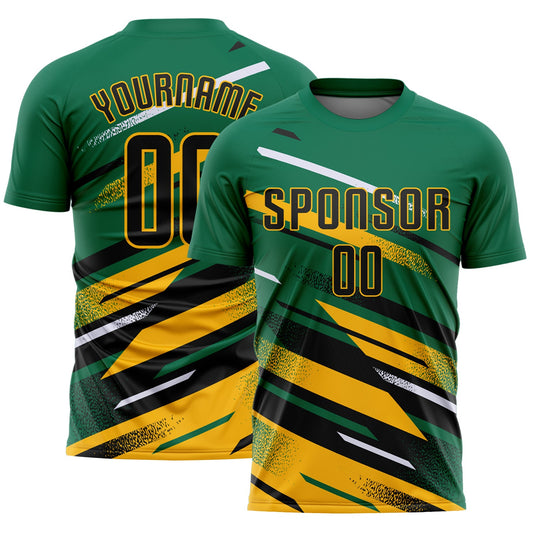 Custom Kelly Green Black Gold-White Grunge Stripe And Grainy Sports Sublimation Soccer Uniform Jersey - Main View