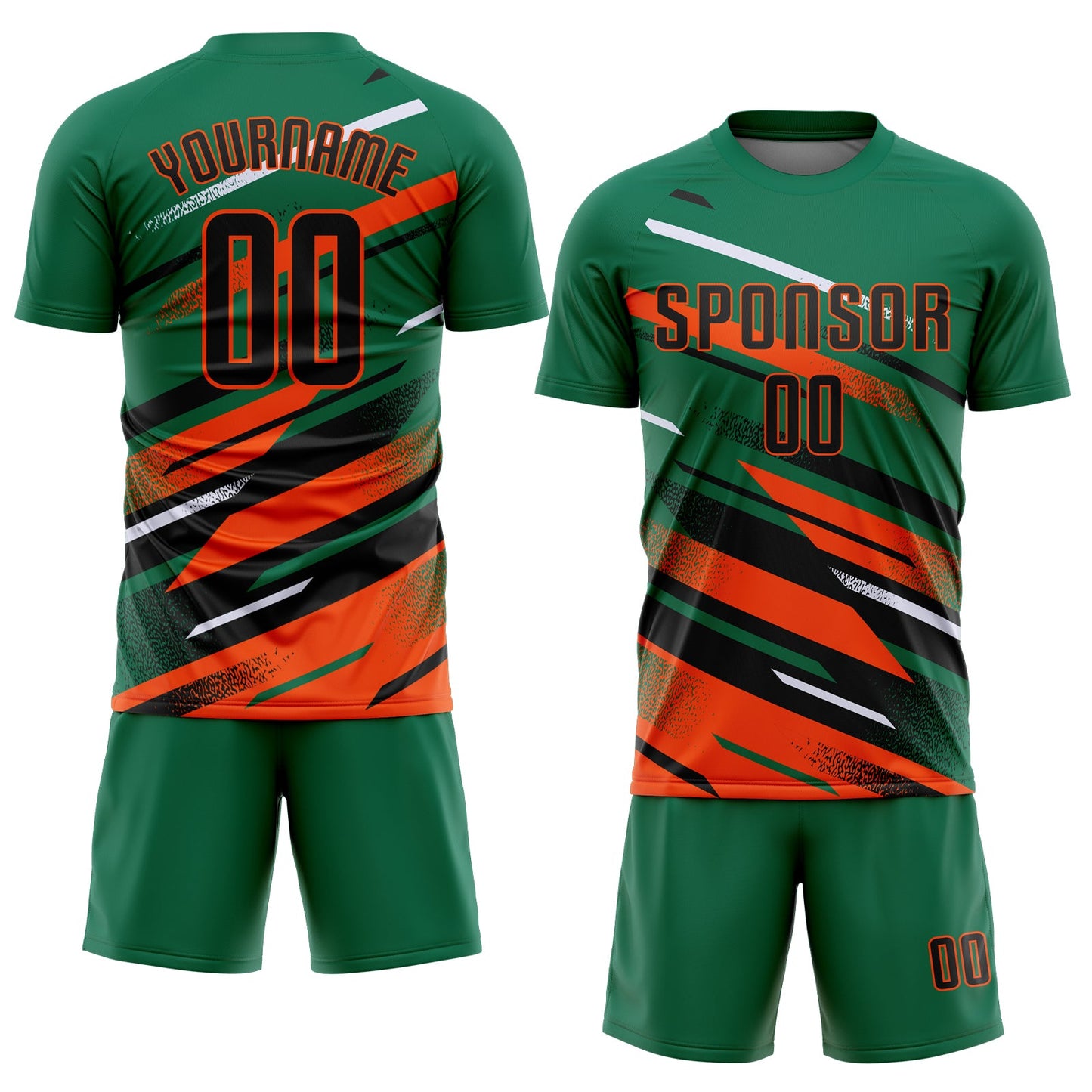 Custom Kelly Green Black Orange-White Grunge Stripe And Grainy Sports Sublimation Soccer Uniform Jersey view 2