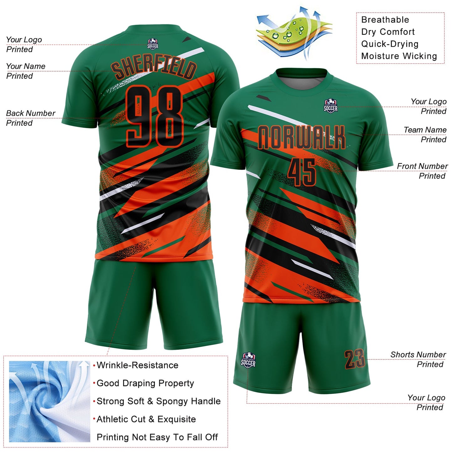 Custom Kelly Green Black Orange-White Grunge Stripe And Grainy Sports Sublimation Soccer Uniform Jersey view 4