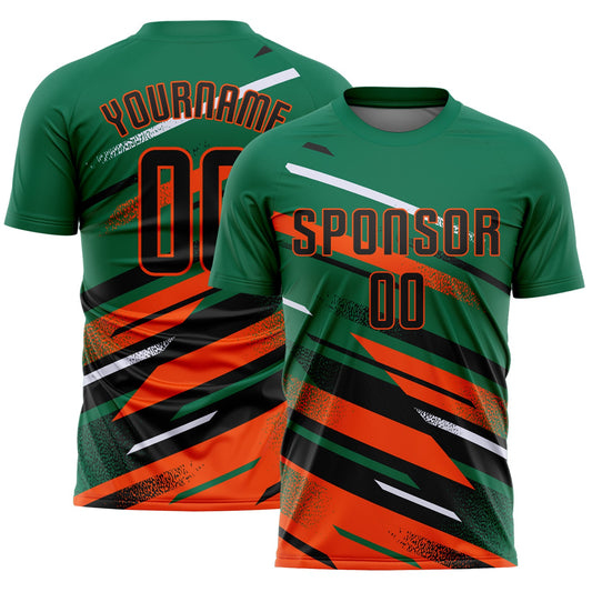 Custom Kelly Green Black Orange-White Grunge Stripe And Grainy Sports Sublimation Soccer Uniform Jersey - Main View