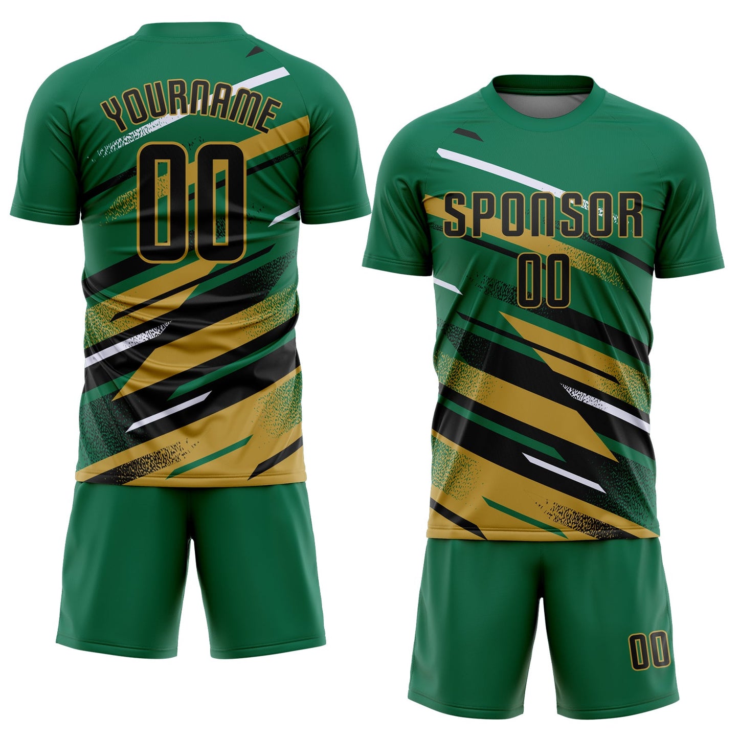 Custom Kelly Green Black Old Gold-White Grunge Stripe And Grainy Sports Sublimation Soccer Uniform Jersey view 2