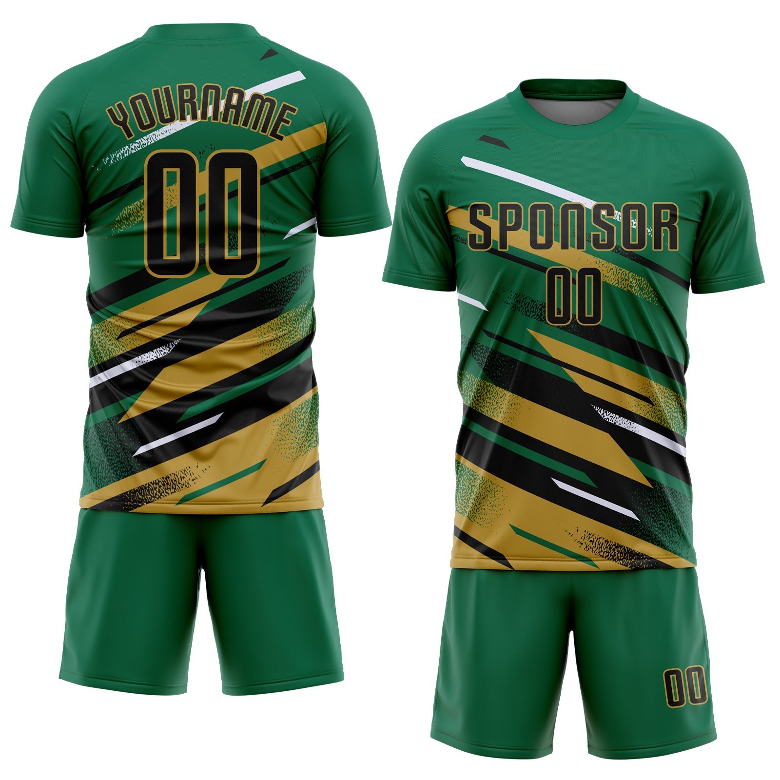 Custom Kelly Green Black Old Gold-White Grunge Stripe And Grainy Sports Sublimation Soccer Uniform Jersey view 2