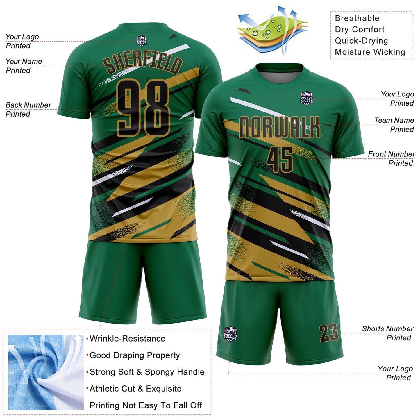 Custom Kelly Green Black Old Gold-White Grunge Stripe And Grainy Sports Sublimation Soccer Uniform Jersey view 4