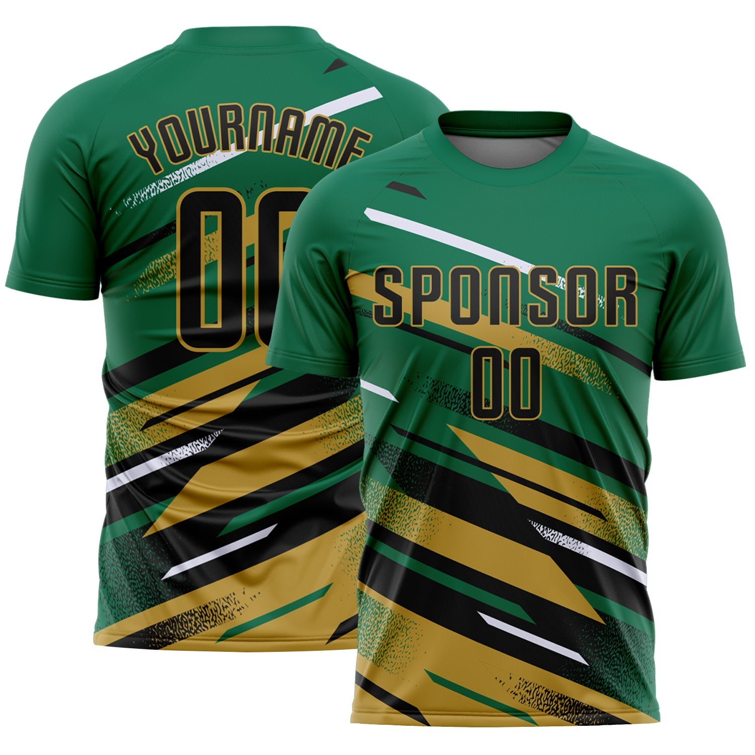 Custom Kelly Green Black Old Gold-White Grunge Stripe And Grainy Sports Sublimation Soccer Uniform Jersey - Main View