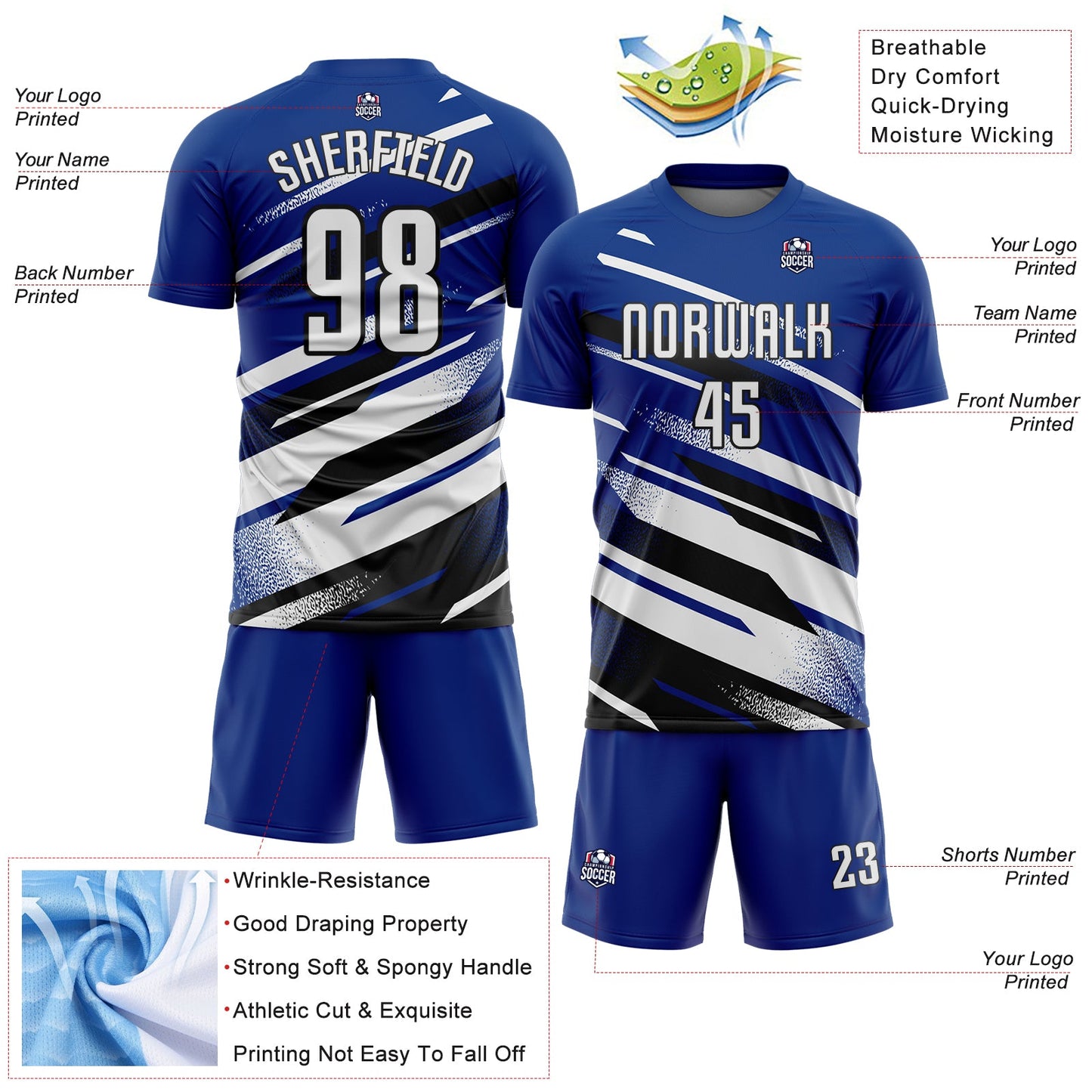 Custom Royal White-Black Grunge Stripe And Grainy Sports Sublimation Soccer Uniform Jersey view 4