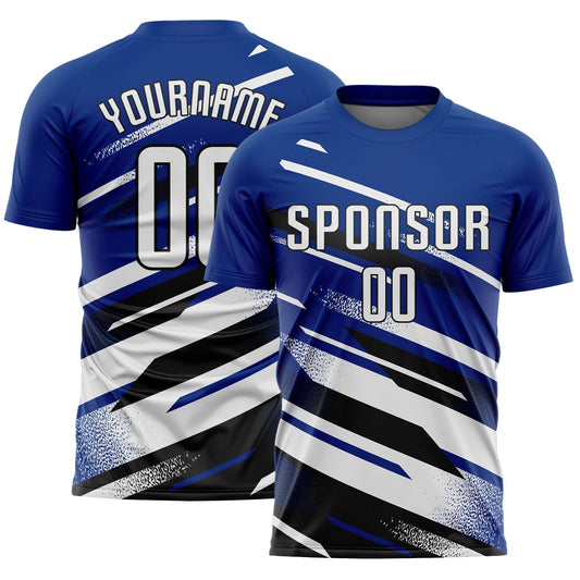Custom Royal White-Black Grunge Stripe And Grainy Sports Sublimation Soccer Uniform Jersey - Main View