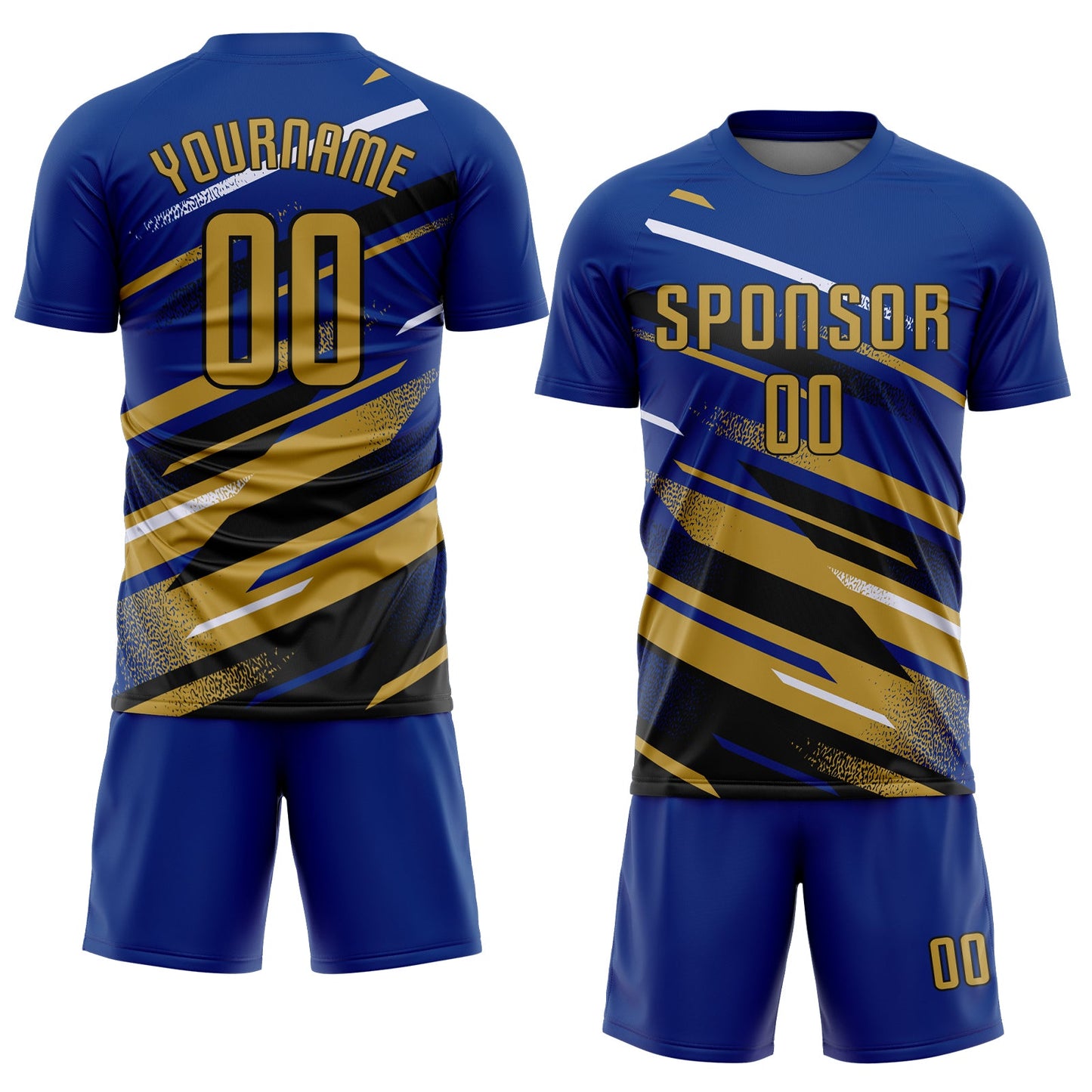Custom Royal Old Gold Black-White Grunge Stripe And Grainy Sports Sublimation Soccer Uniform Jersey view 2