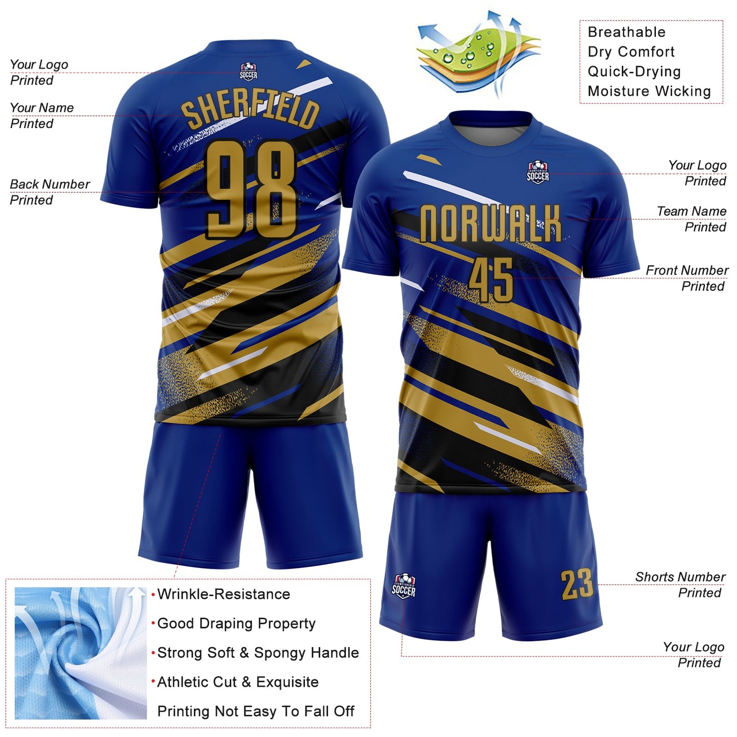 Custom Royal Old Gold Black-White Grunge Stripe And Grainy Sports Sublimation Soccer Uniform Jersey view 4