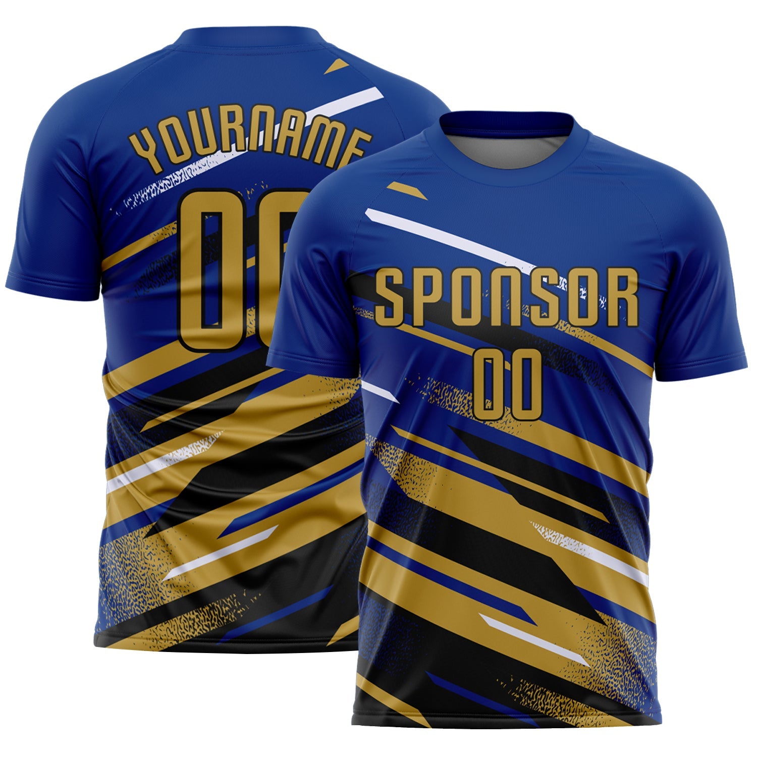 Custom Royal Old Gold Black-White Grunge Stripe And Grainy Sports Sublimation Soccer Uniform Jersey - Main View
