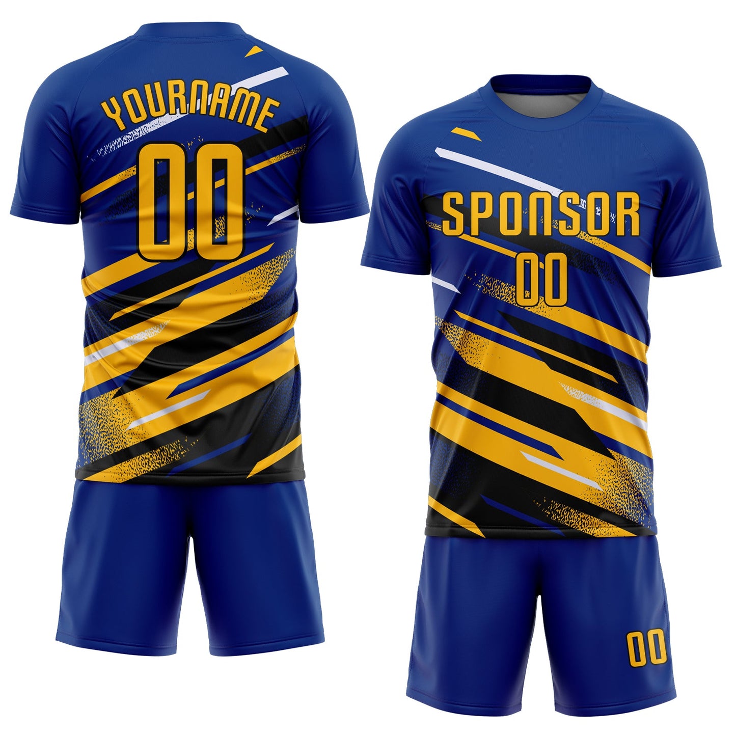 Custom Royal Gold Black-White Grunge Stripe And Grainy Sports Sublimation Soccer Uniform Jersey view 2