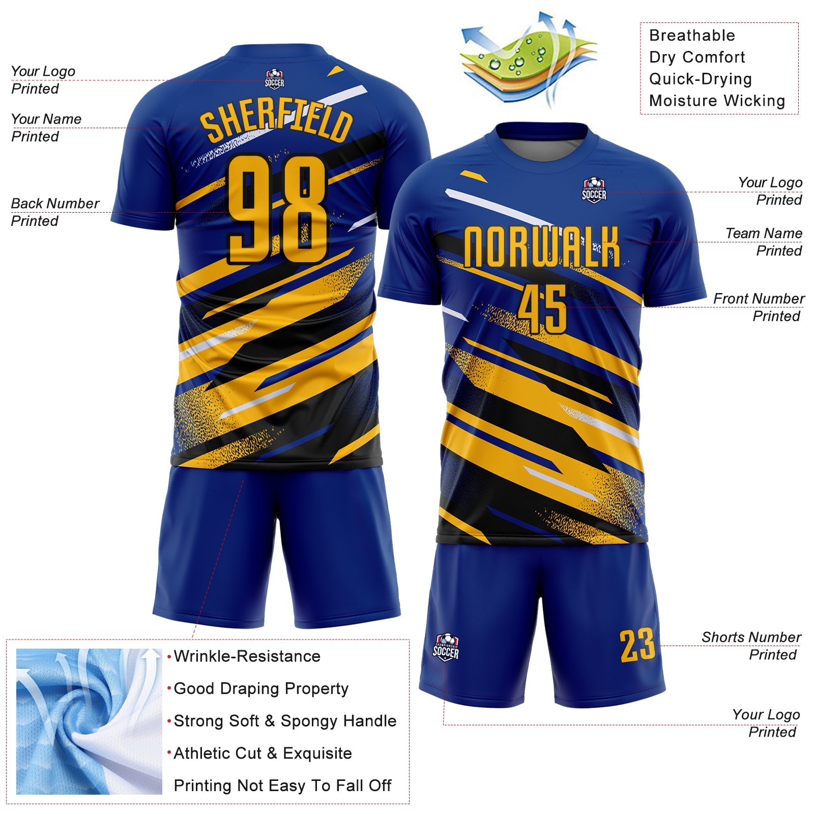 Custom Royal Gold Black-White Grunge Stripe And Grainy Sports Sublimation Soccer Uniform Jersey view 4