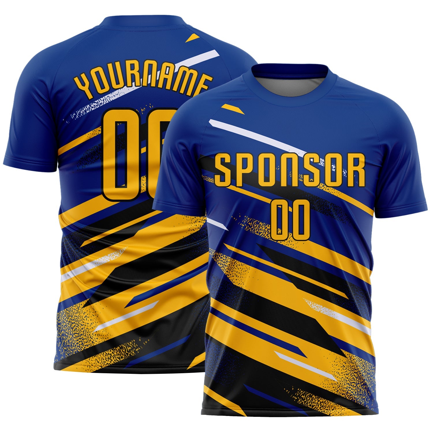 Custom Royal Gold Black-White Grunge Stripe And Grainy Sports Sublimation Soccer Uniform Jersey - Main View