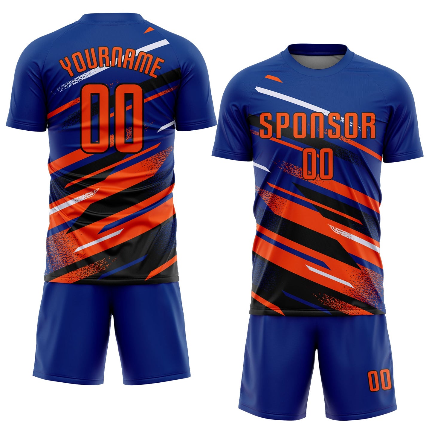Custom Royal Orange Black-White Grunge Stripe And Grainy Sports Sublimation Soccer Uniform Jersey view 2