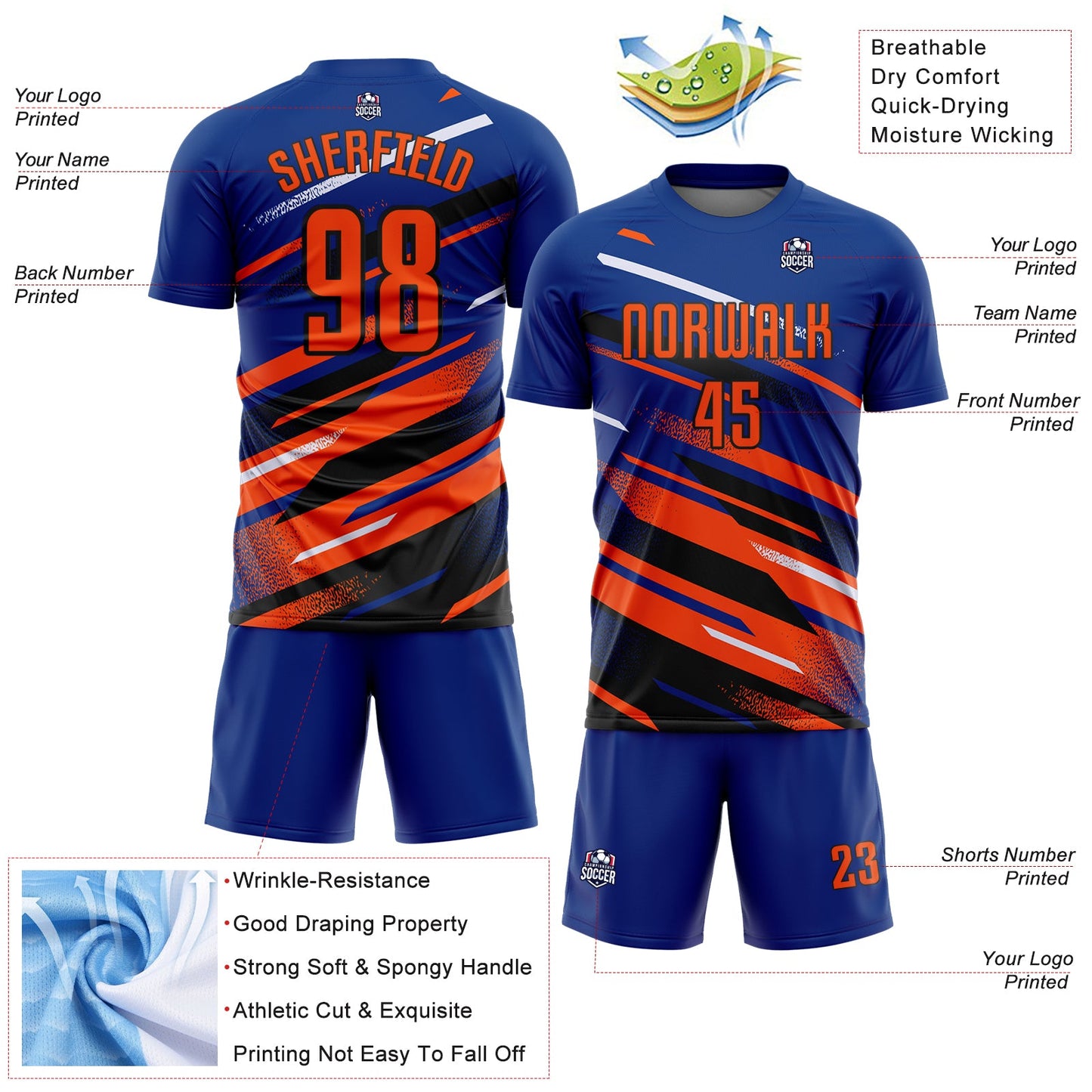 Custom Royal Orange Black-White Grunge Stripe And Grainy Sports Sublimation Soccer Uniform Jersey view 4