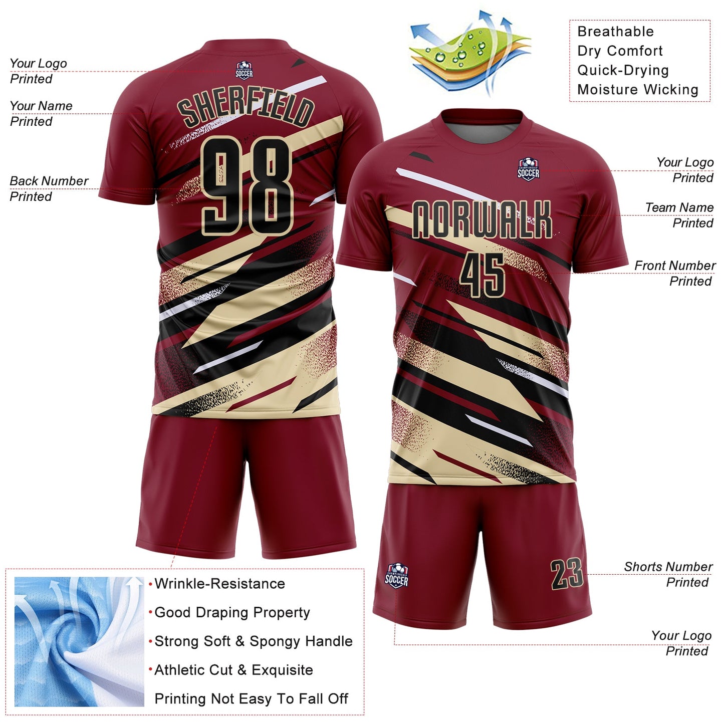 Custom Crimson Black Cream-White Grunge Stripe And Grainy Sports Sublimation Soccer Uniform Jersey view 4