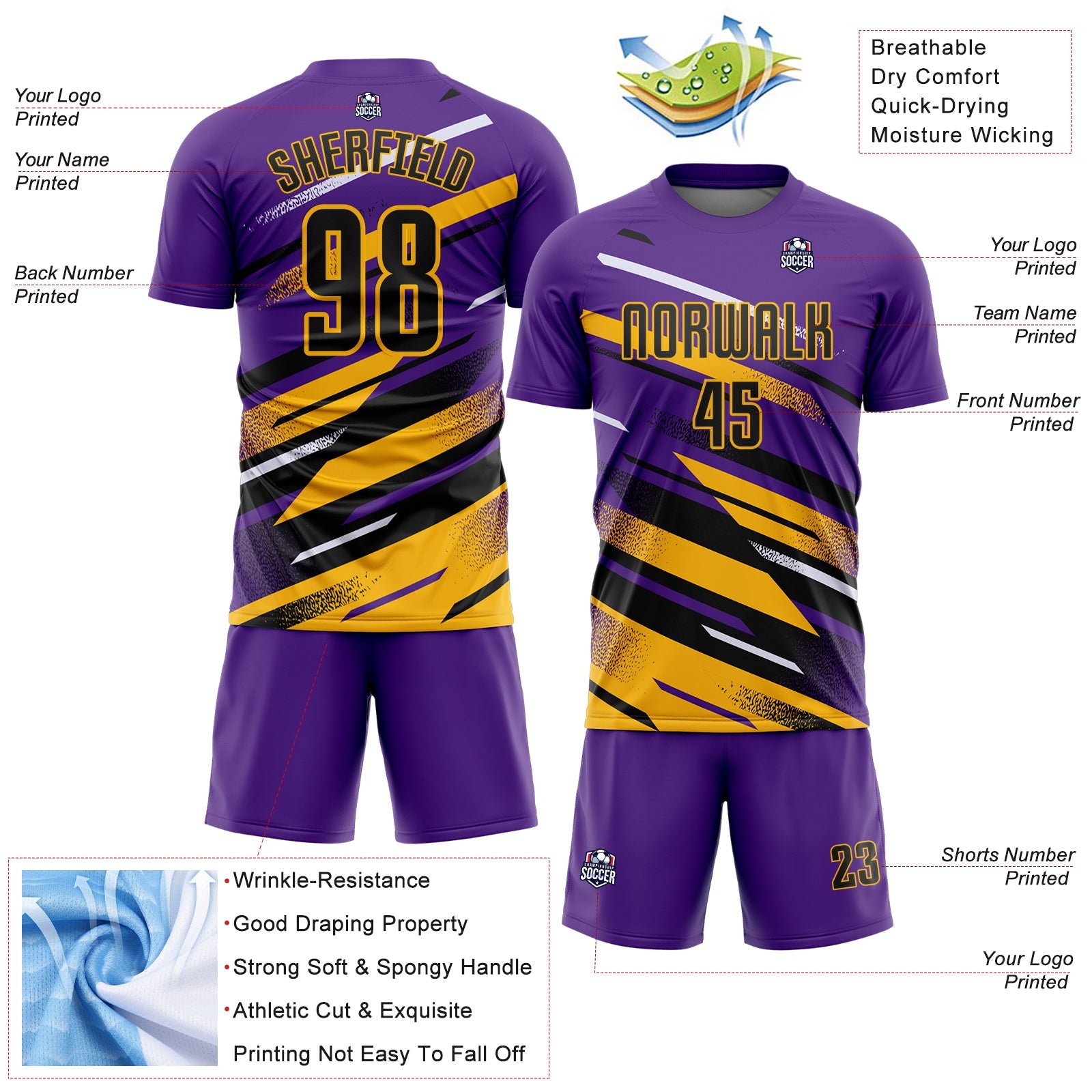Custom Purple Black Gold-White Grunge Stripe And Grainy Sports Sublimation Soccer Uniform Jersey view 4