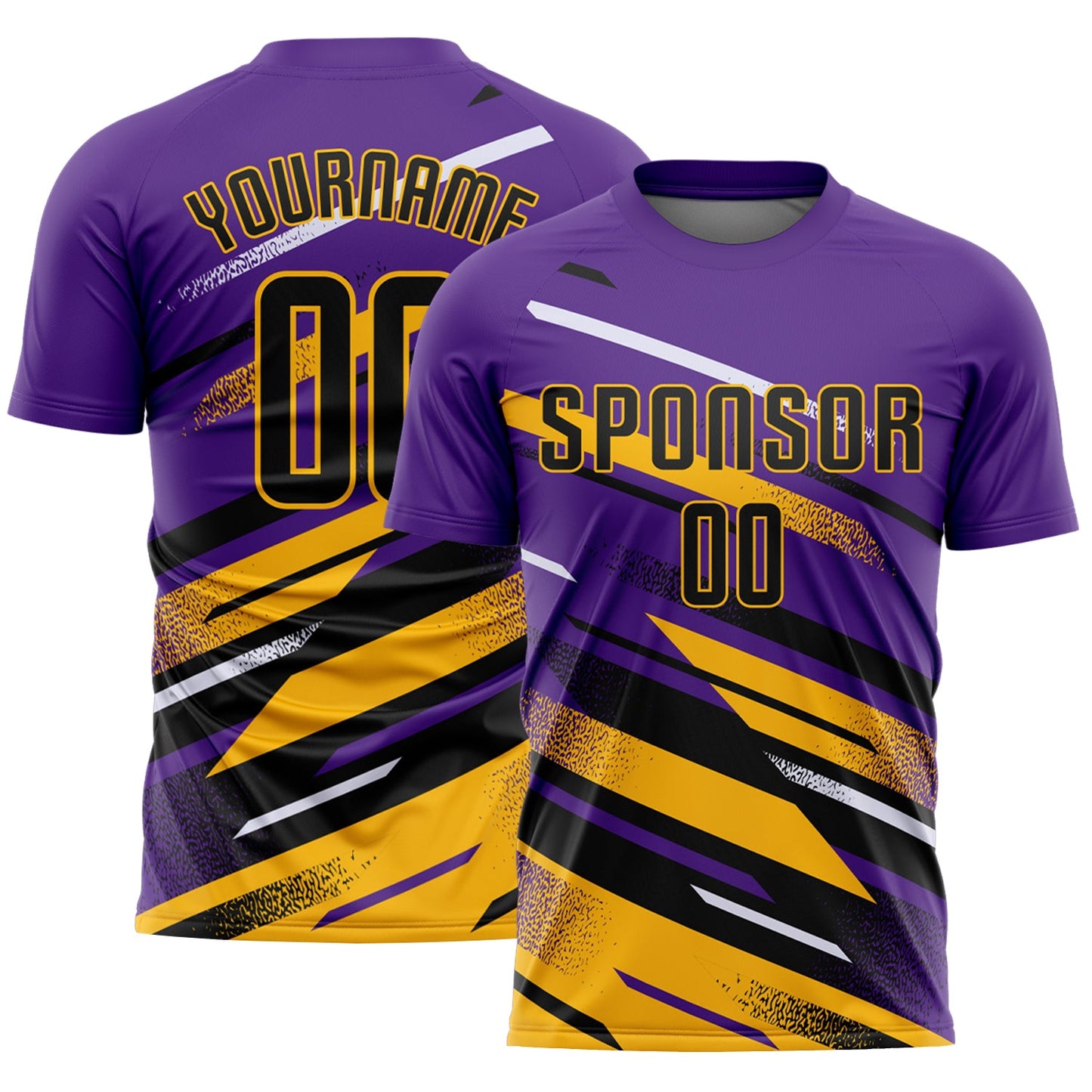 Custom Purple Black Gold-White Grunge Stripe And Grainy Sports Sublimation Soccer Uniform Jersey - Main View