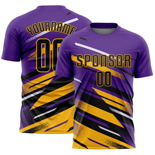 Custom Purple Black Gold-White Grunge Stripe And Grainy Sports Sublimation Soccer Uniform Jersey - Main View
