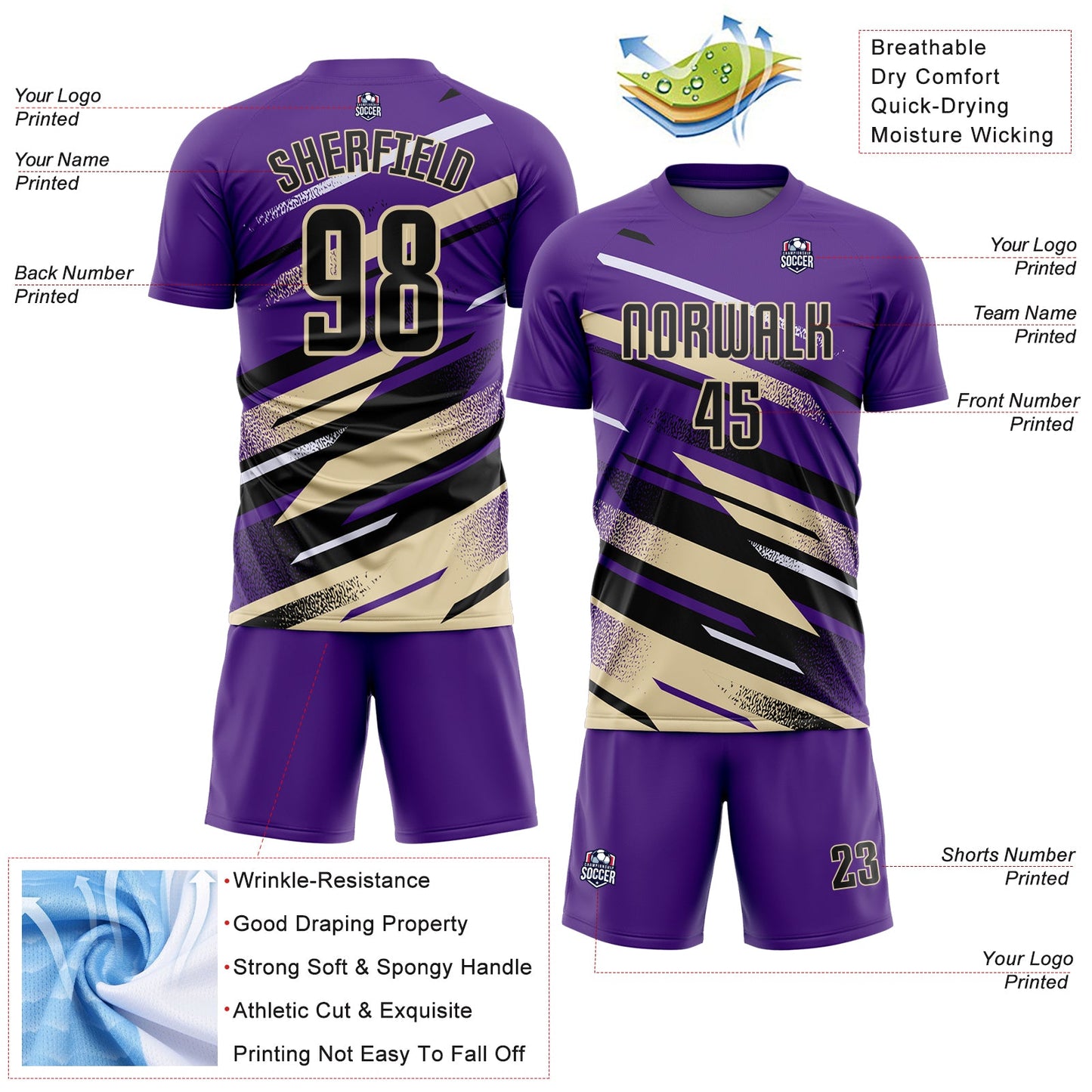 Custom Purple Black Cream-White Grunge Stripe And Grainy Sports Sublimation Soccer Uniform Jersey view 4