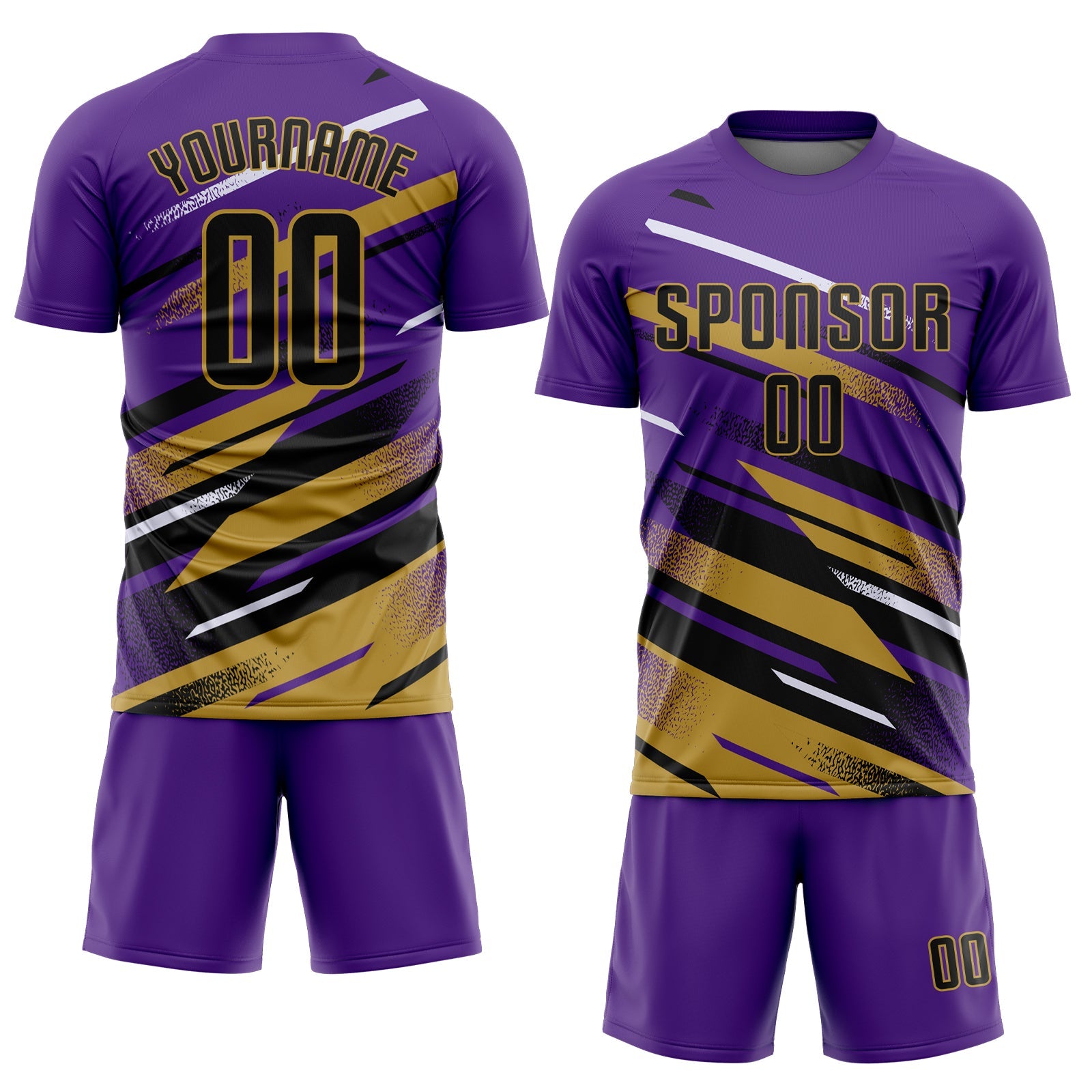 Custom Purple Black Old Gold-White Grunge Stripe And Grainy Sports Sublimation Soccer Uniform Jersey view 2