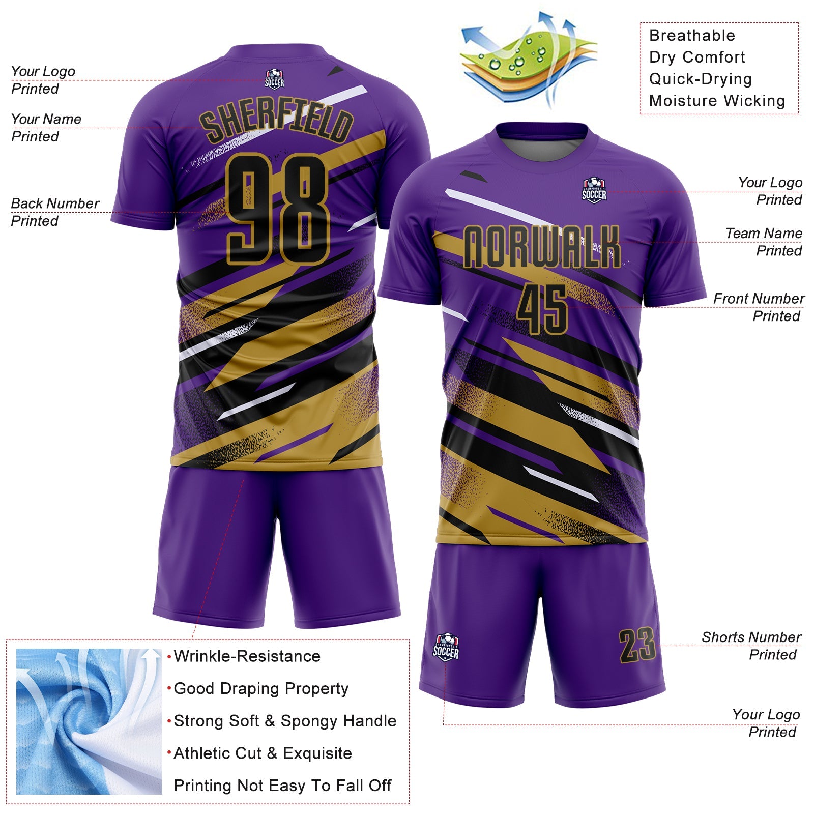 Custom Purple Black Old Gold-White Grunge Stripe And Grainy Sports Sublimation Soccer Uniform Jersey view 4