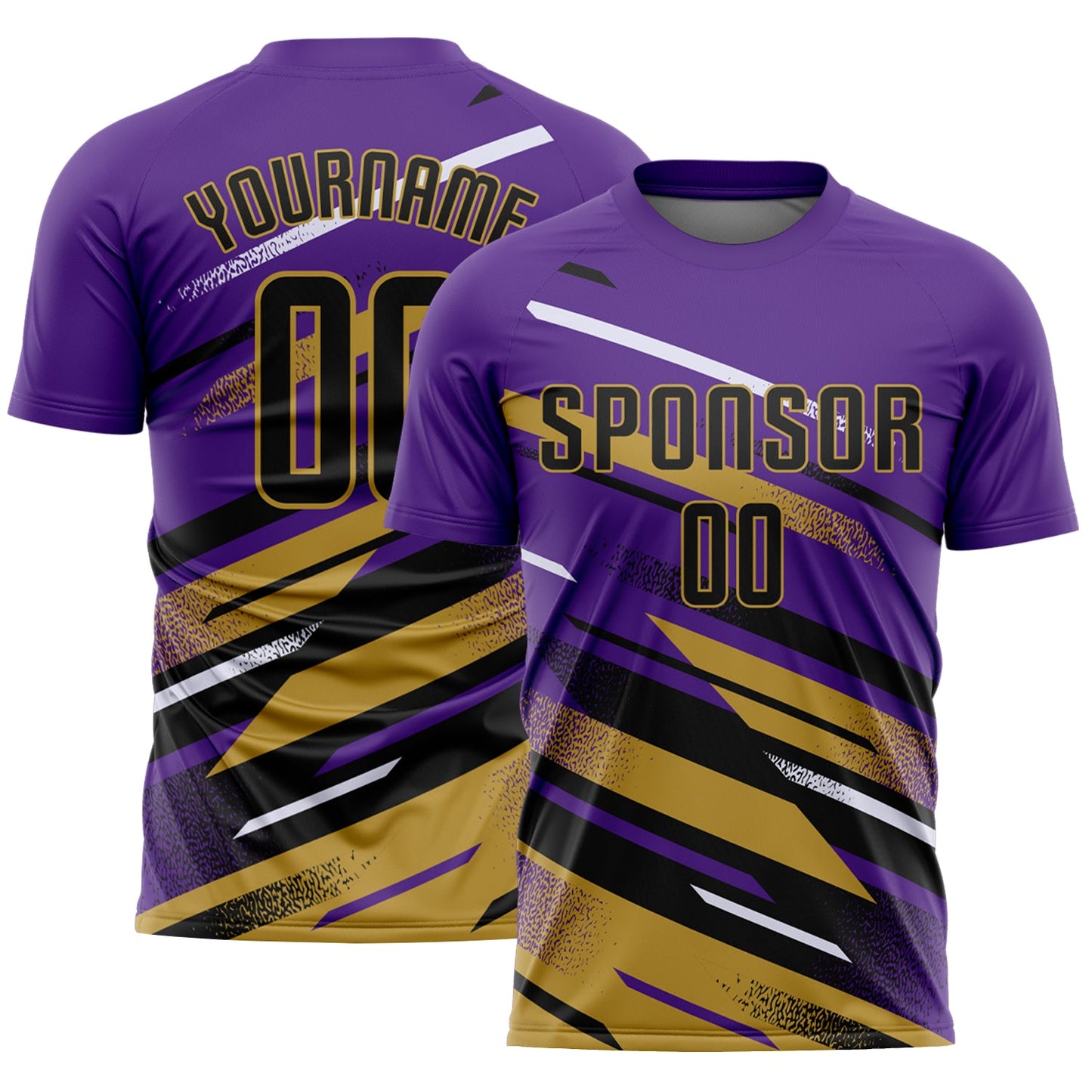 Custom Purple Black Old Gold-White Grunge Stripe And Grainy Sports Sublimation Soccer Uniform Jersey - Main View