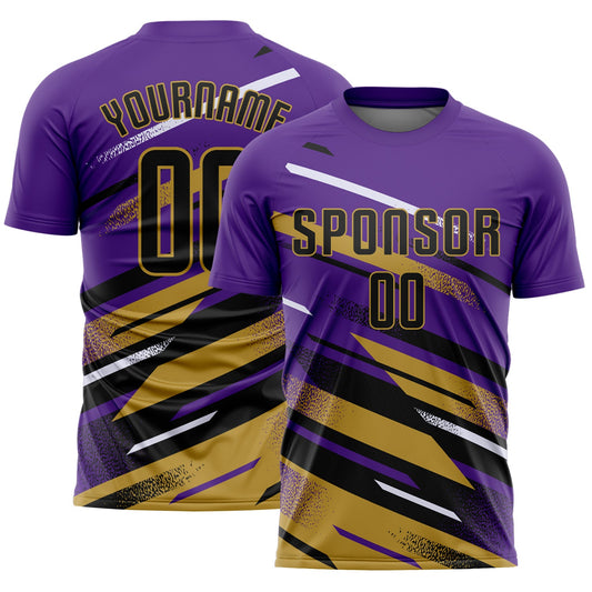 Custom Purple Black Old Gold-White Grunge Stripe And Grainy Sports Sublimation Soccer Uniform Jersey - Main View