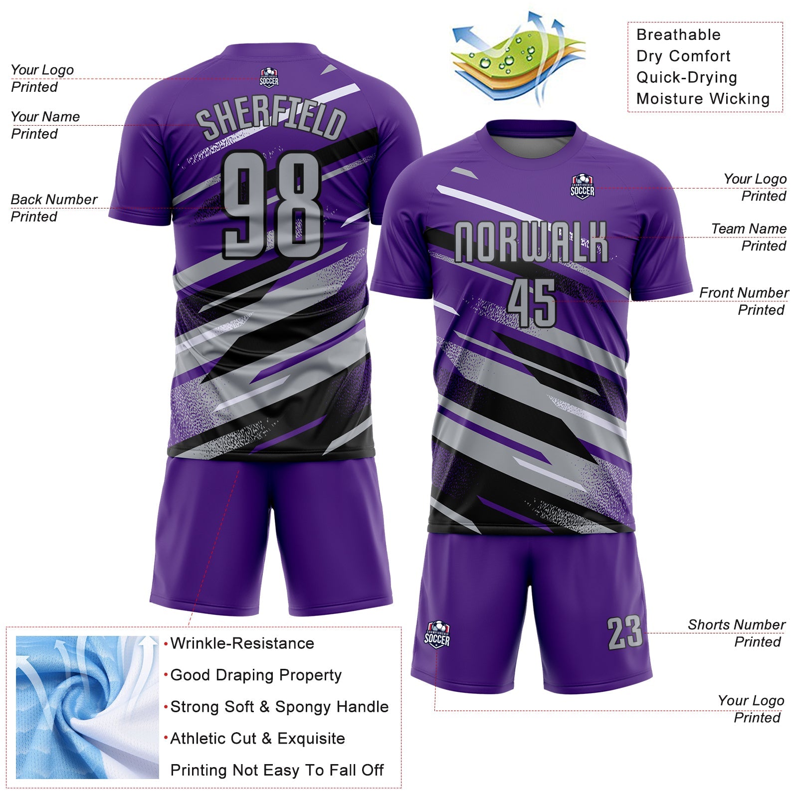 Custom Purple Gray Black-White Grunge Stripe And Grainy Sports Sublimation Soccer Uniform Jersey view 4