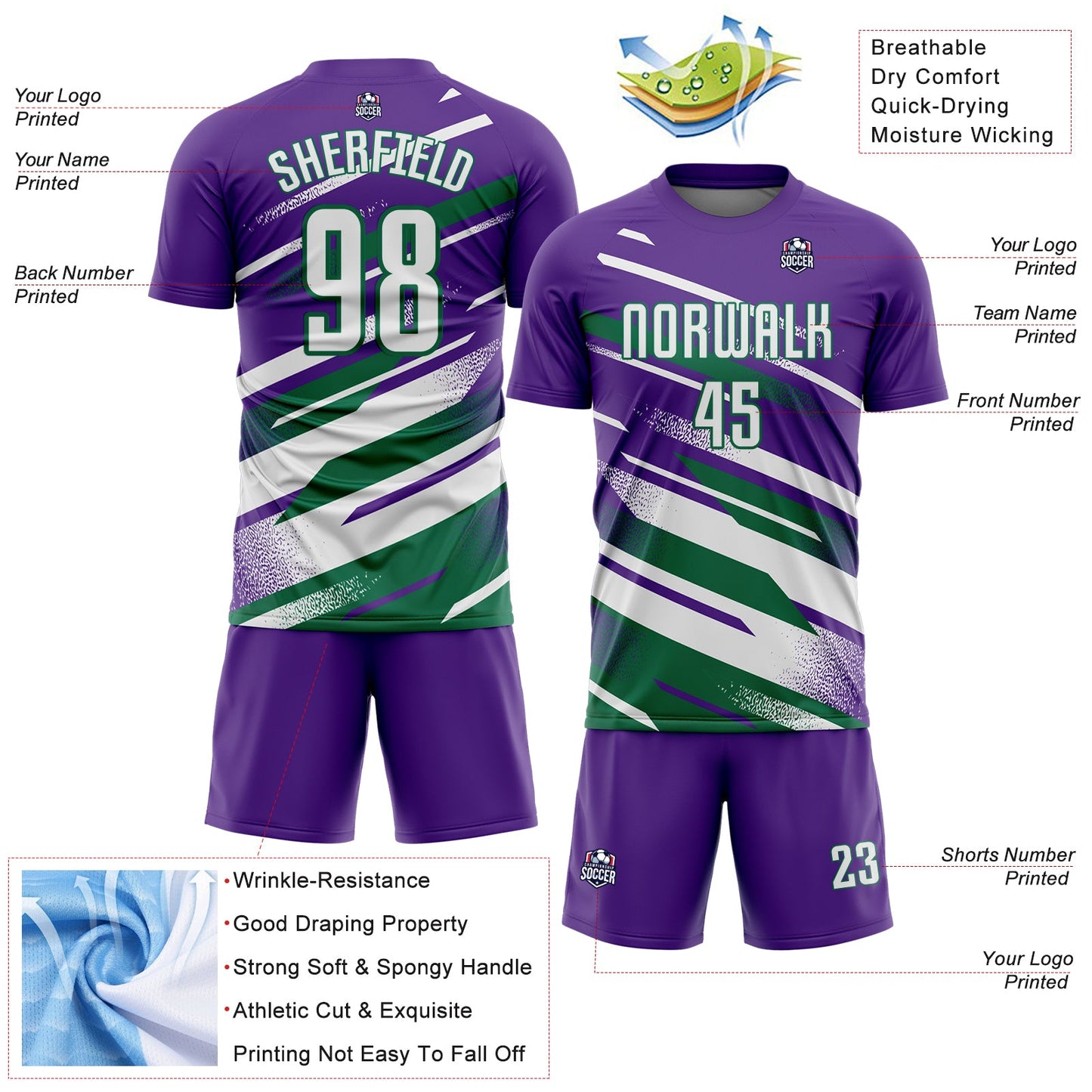 Custom Purple White-Kelly Green Grunge Stripe And Grainy Sports Sublimation Soccer Uniform Jersey view 4