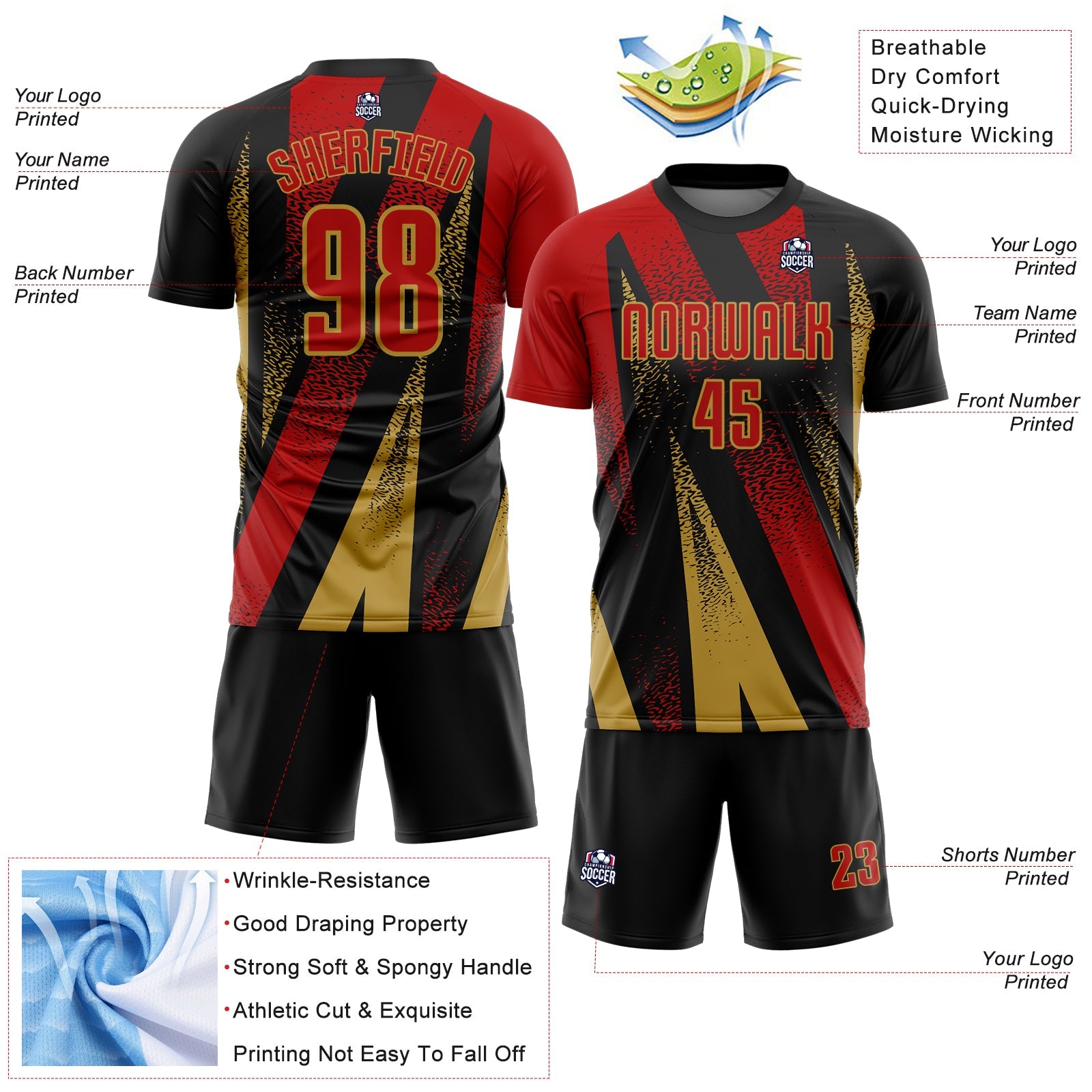Custom Black Red-Old Gold Radial Burst Sports Sublimation Soccer Uniform Jersey view 4