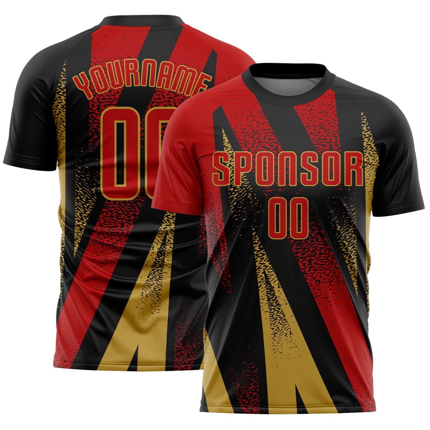 Custom Black Red-Old Gold Radial Burst Sports Sublimation Soccer Uniform Jersey - Main View