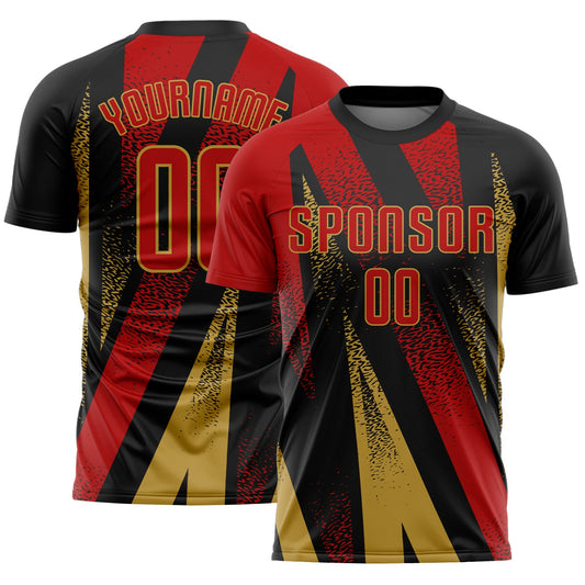 Custom Black Red-Old Gold Radial Burst Sports Sublimation Soccer Uniform Jersey - Main View
