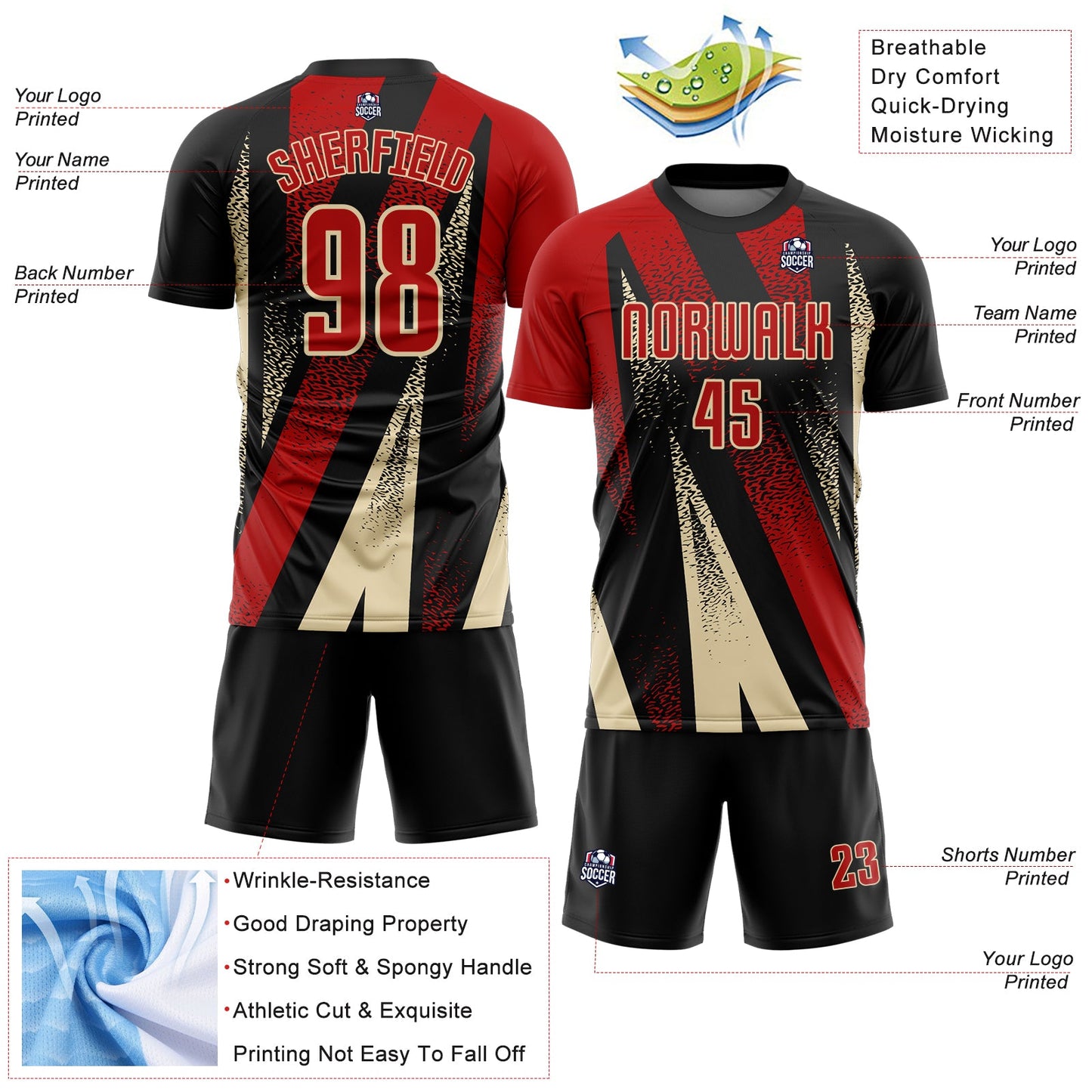 Custom Black Red-Cream Radial Burst Sports Sublimation Soccer Uniform Jersey view 4