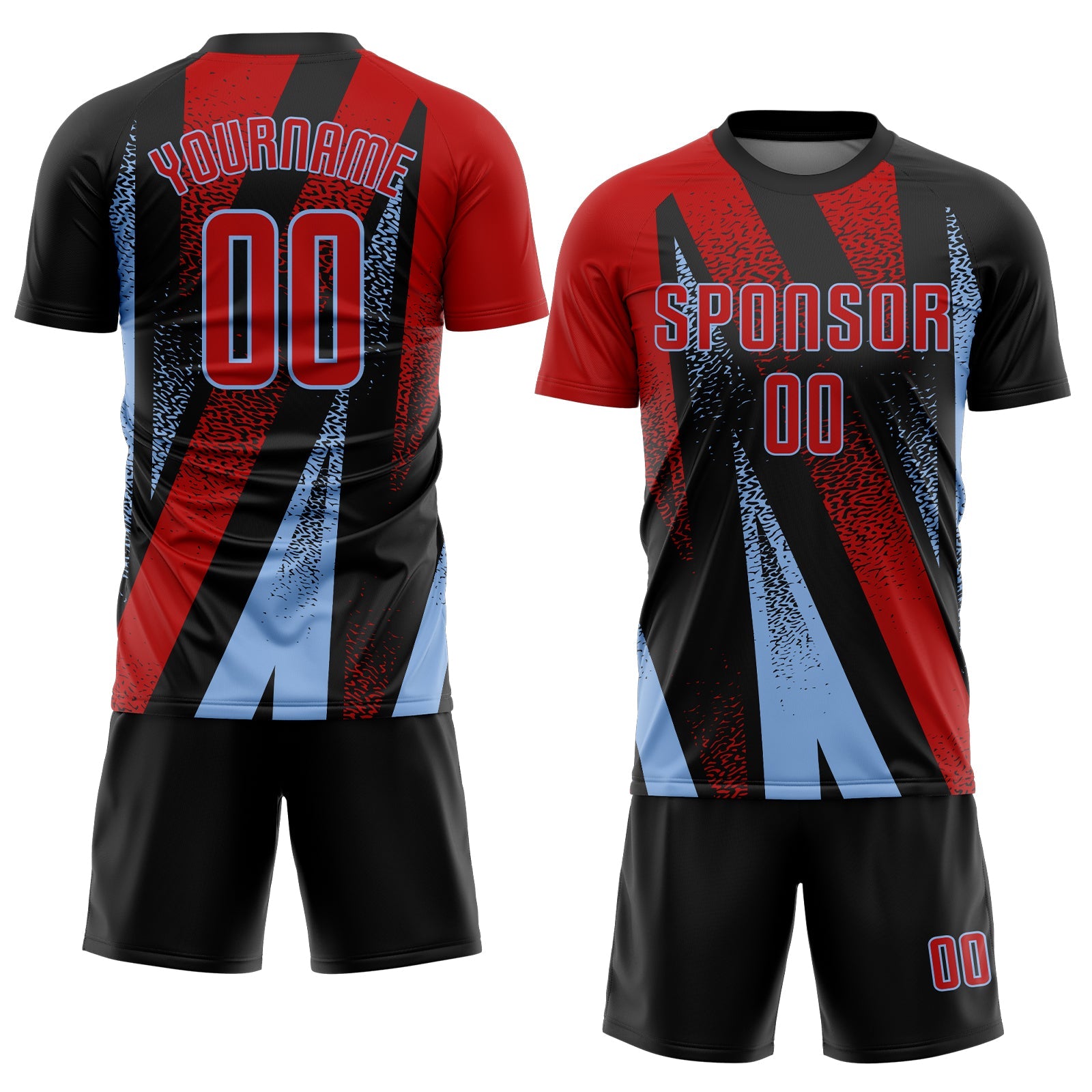 Custom Black Red-Light Blue Radial Burst Sports Sublimation Soccer Uniform Jersey view 2