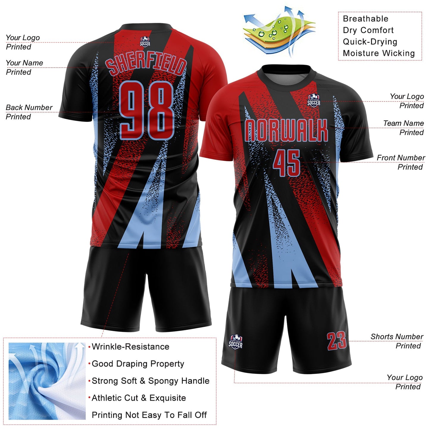 Custom Black Red-Light Blue Radial Burst Sports Sublimation Soccer Uniform Jersey view 4