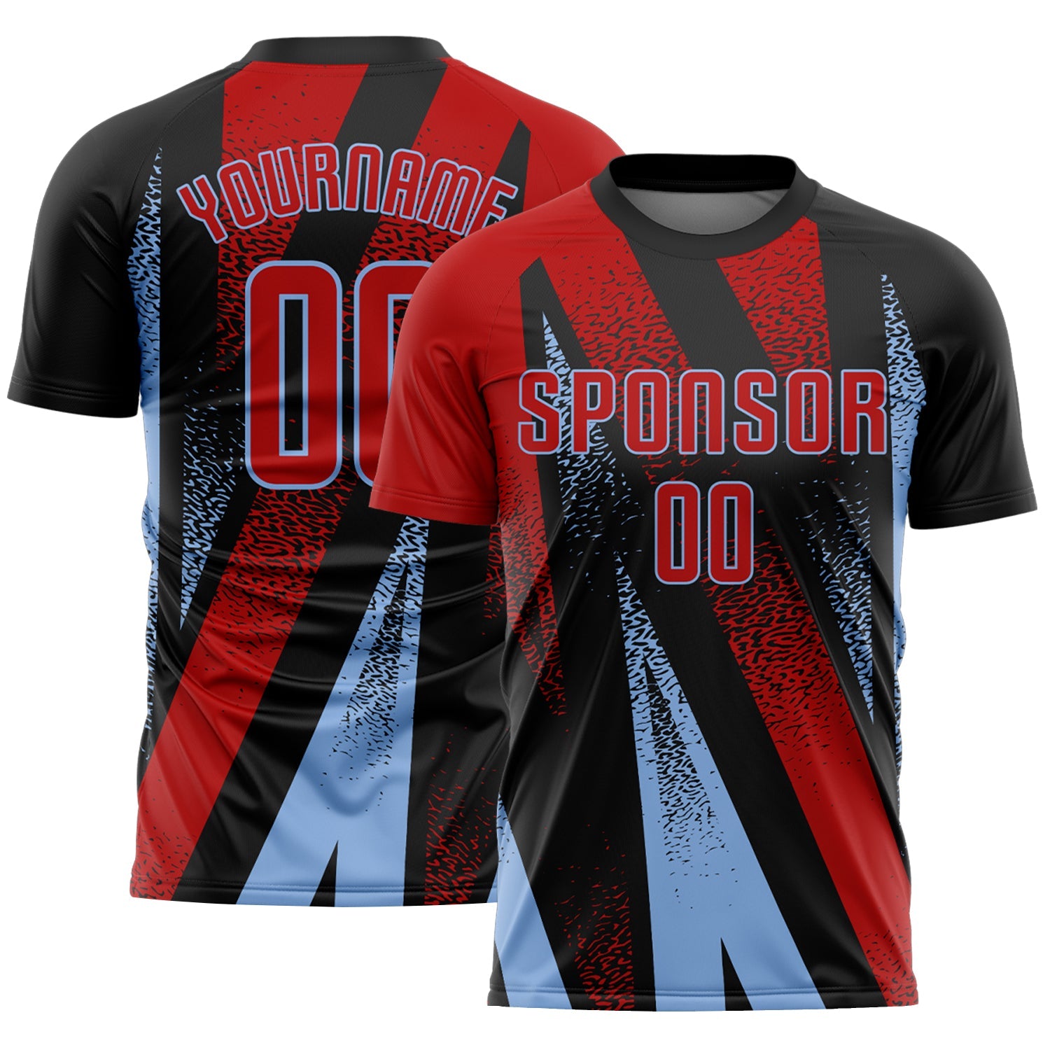 Custom Black Red-Light Blue Radial Burst Sports Sublimation Soccer Uniform Jersey - Main View