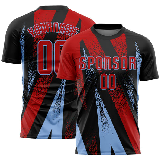 Custom Black Red-Light Blue Radial Burst Sports Sublimation Soccer Uniform Jersey - Main View
