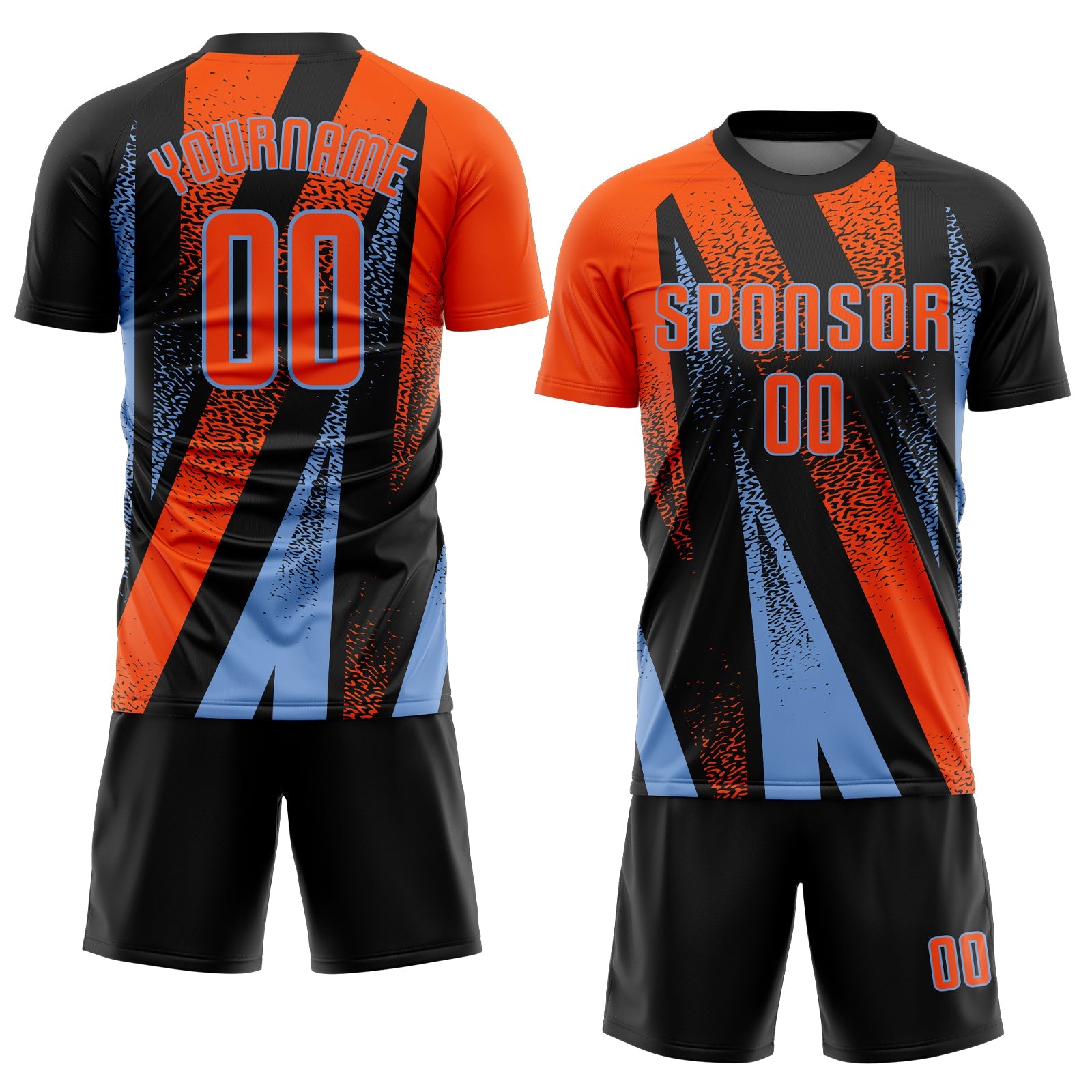 Custom Black Orange-Powder Blue Radial Burst Sports Sublimation Soccer Uniform Jersey view 2