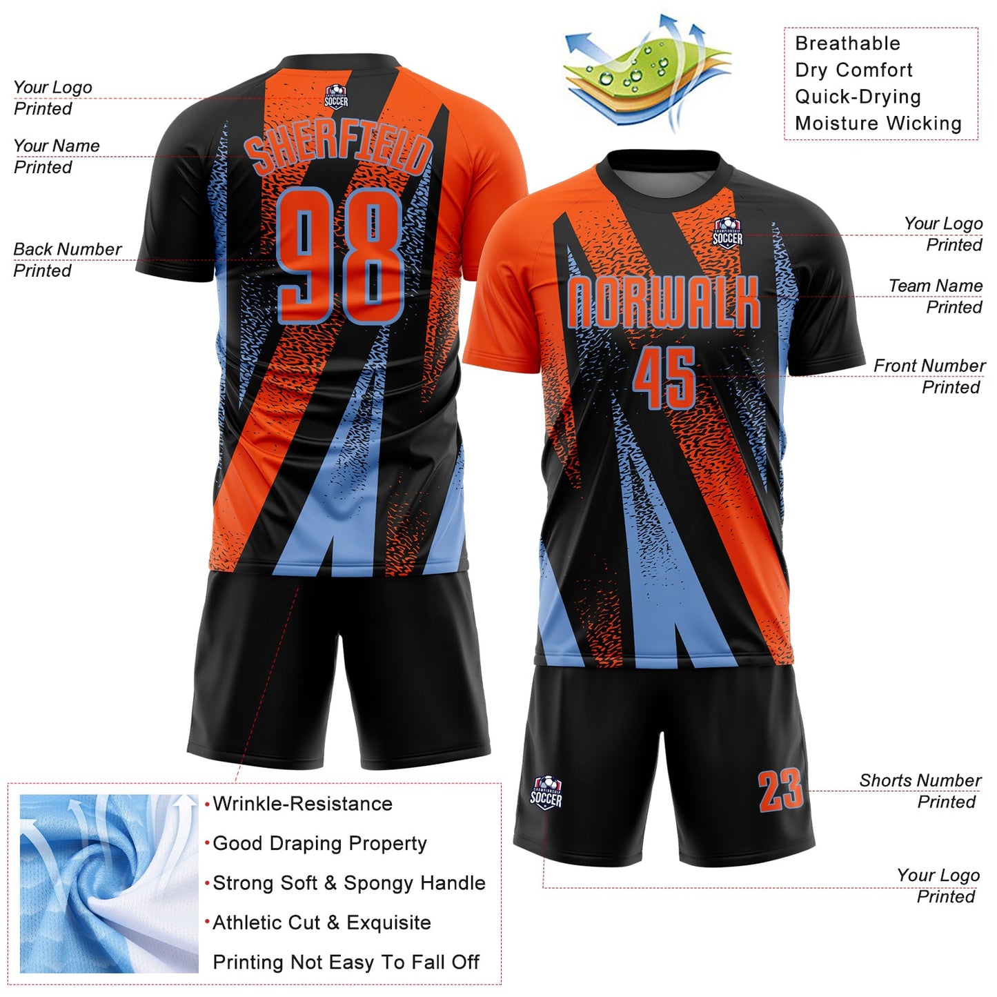 Custom Black Orange-Powder Blue Radial Burst Sports Sublimation Soccer Uniform Jersey view 4