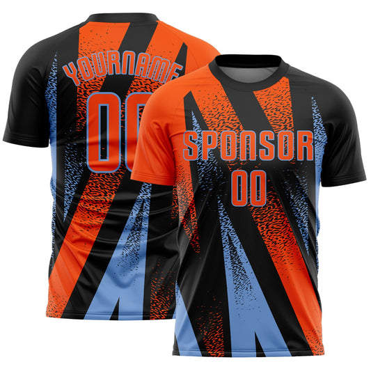 Custom Black Orange-Powder Blue Radial Burst Sports Sublimation Soccer Uniform Jersey - Main View