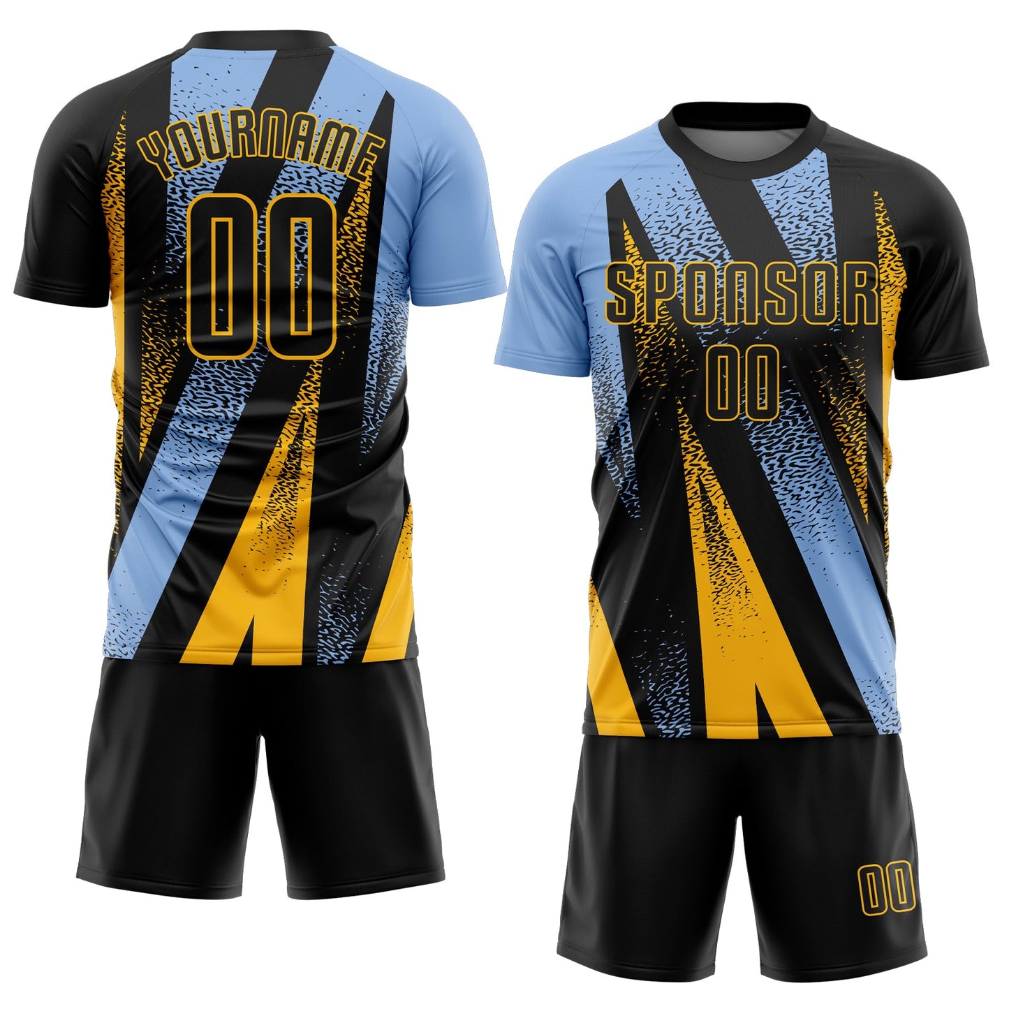 Custom Black Light Blue-Gold Radial Burst Sports Sublimation Soccer Uniform Jersey view 2