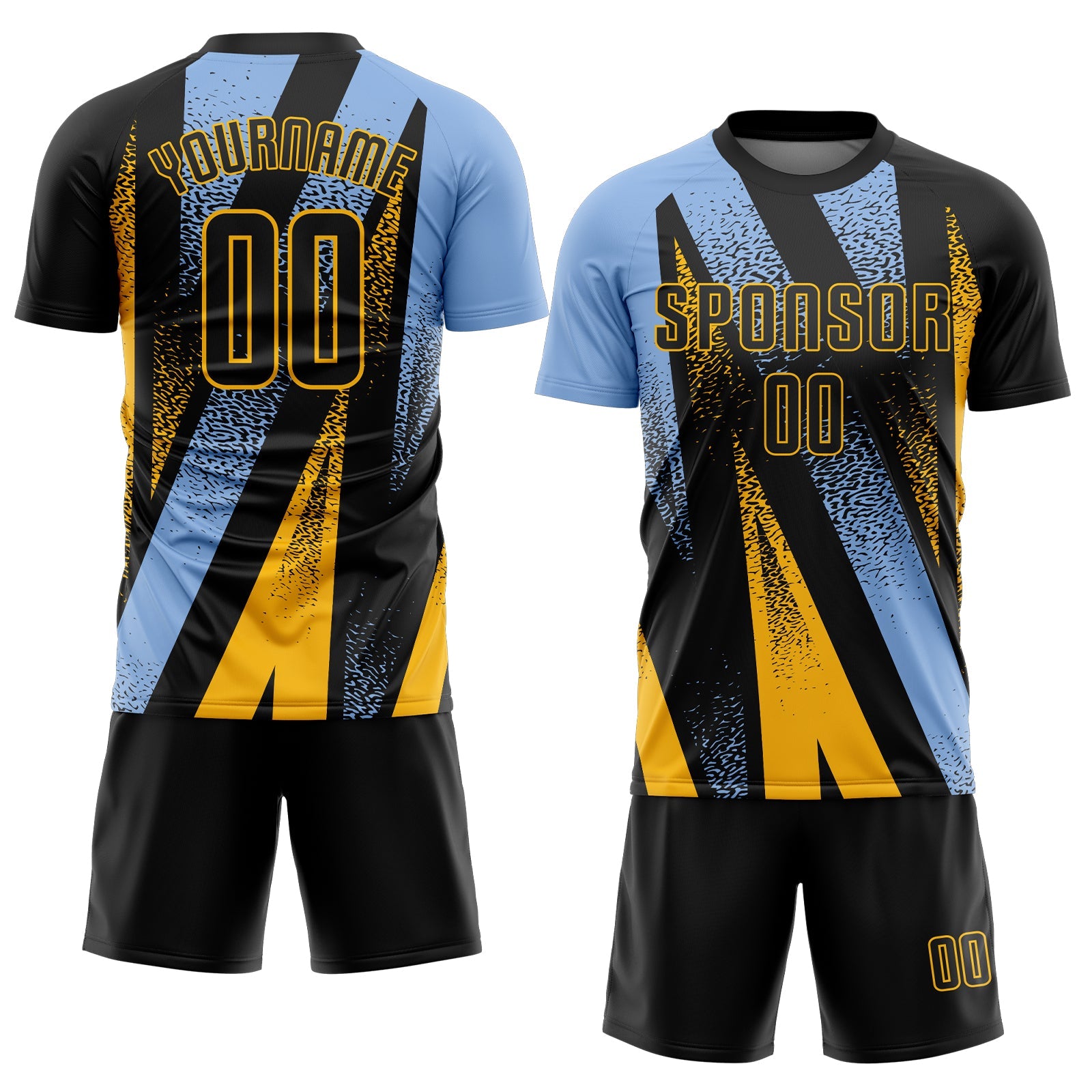 Custom Black Light Blue-Gold Radial Burst Sports Sublimation Soccer Uniform Jersey view 2
