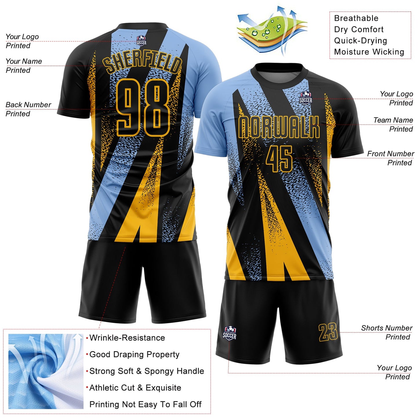 Custom Black Light Blue-Gold Radial Burst Sports Sublimation Soccer Uniform Jersey view 4