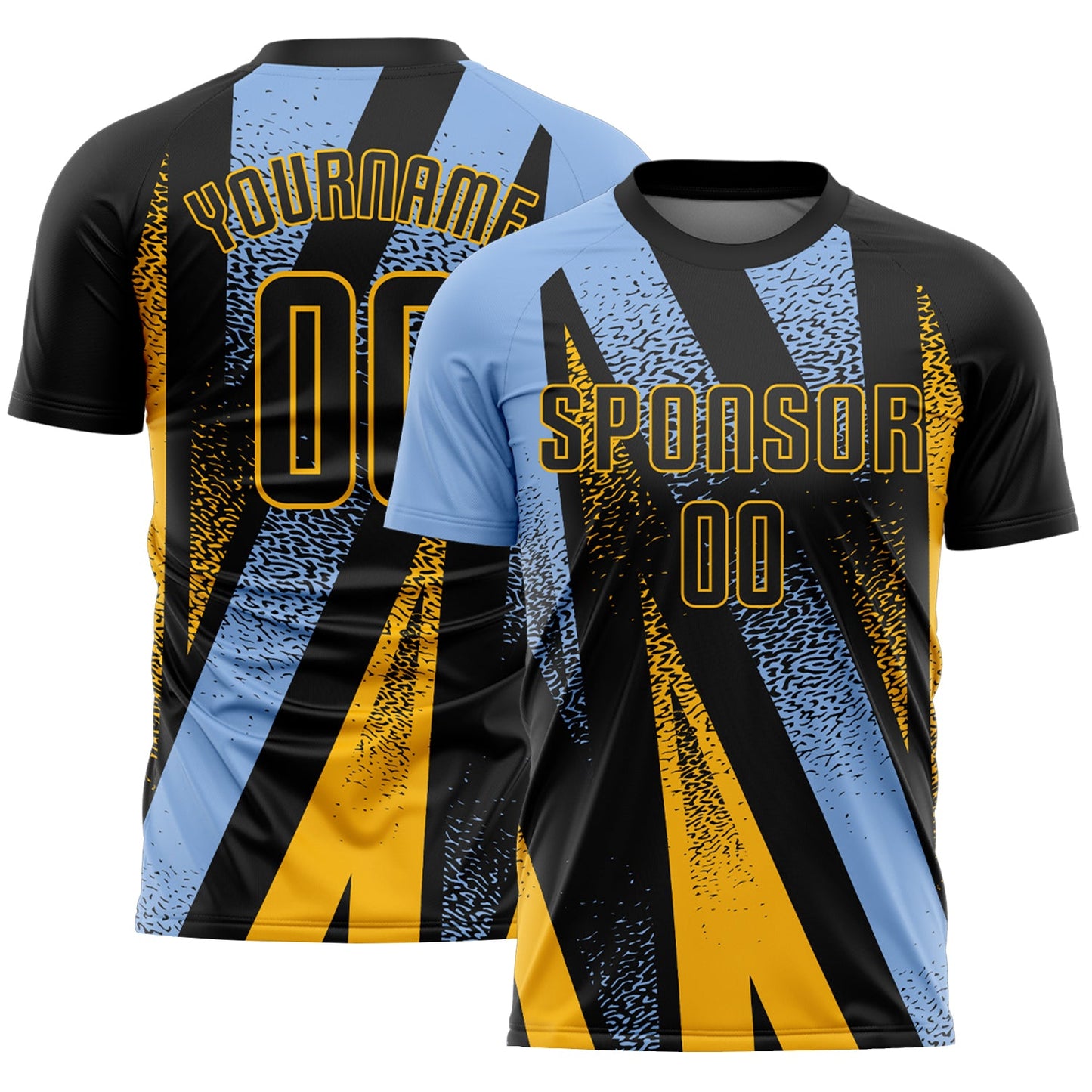 Custom Black Light Blue-Gold Radial Burst Sports Sublimation Soccer Uniform Jersey - Main View